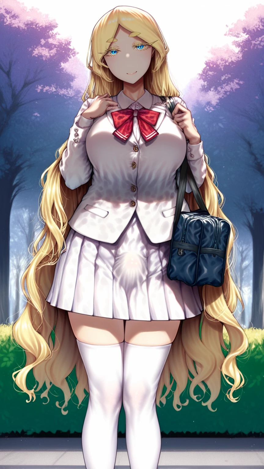 young woman, by the ruby,  very bright yellow hair,  semi-wavy hair,  very long hair, Very tall woman,  school uniform , very elegant uniform, white coat ,  white skirt ,  school uniform  de saco y falda,  lump on the legs, large lump between legs, visible bulge through the skirt,  lump on the legs visible a través de la falda,  light blue eyes, light eyes,  big eyes,  detailed eyes ,  blond lashes,  blonde eyebrows,  white tights , very long stockings, smile,  open eyes , anime,  anime style tanishi , Alone,  short skirt ,  schoolyard , Park, SAKURA trees , Woman with school bag,  thick eyelashes,  big eyelashes,  long eyelashes , yellow eyelashes