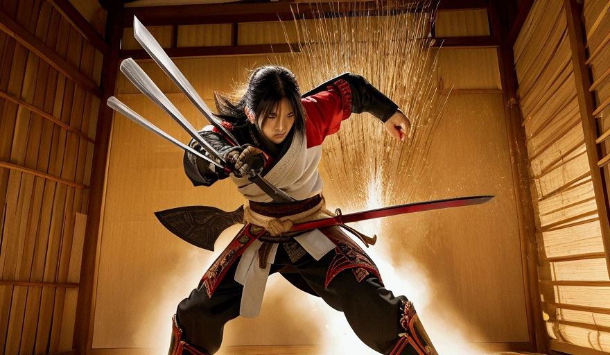 cinematography ,photo of a 6 yr old korean samurai girl in an enclosed inside minka area.the floor is a ractangle,a trap it opened like fusuma door emits a yellowish light another dimension tradisional Japanese night area and it's beneath her foot.the girl is jump and swirling her katana's sword around up so the flame flies in intricate patterns. highy realistic.she looking to camera