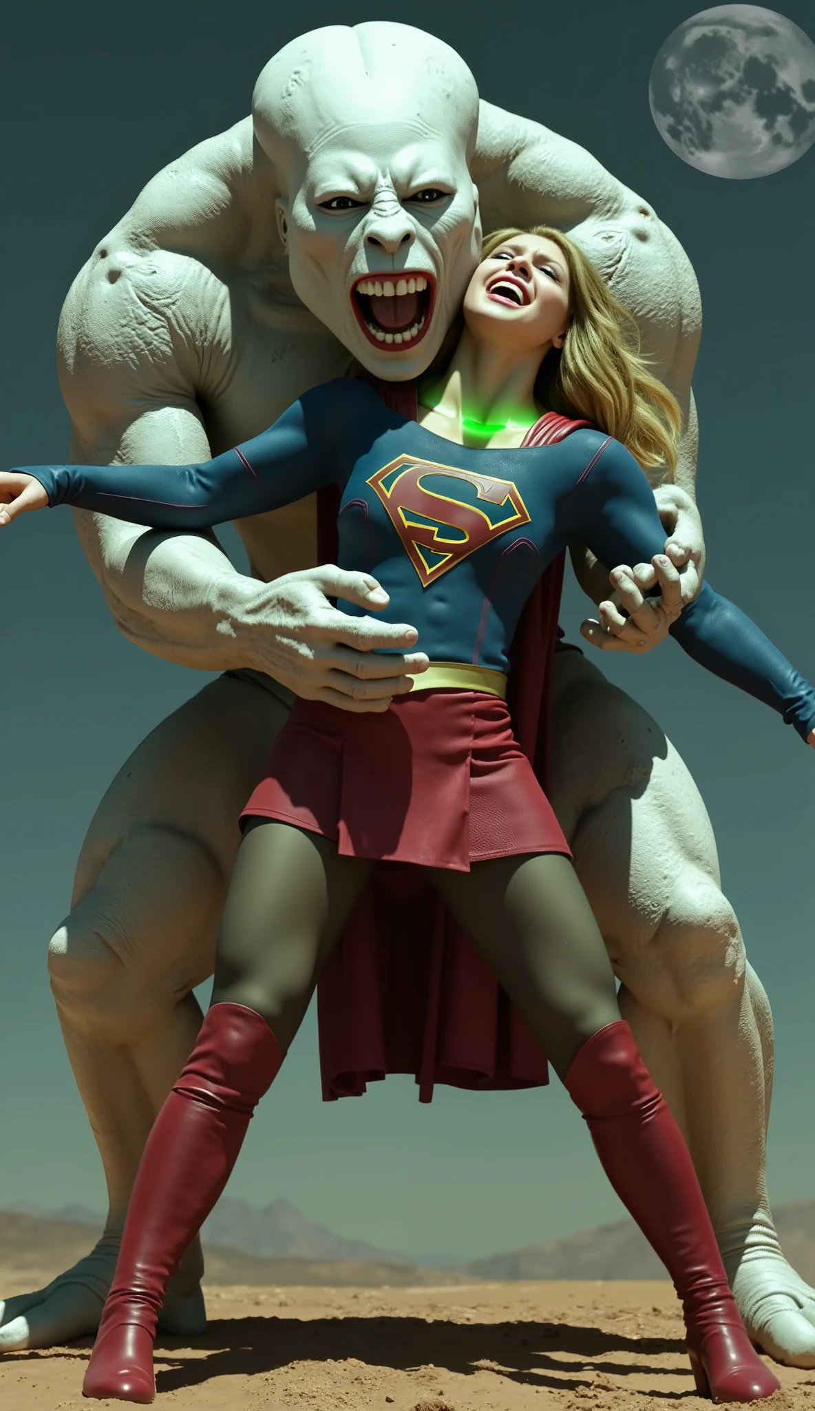 Supergirl is fighting with a big alien monster, very bright white skin, can see whole body, She is wearing a thin black pantyhose, short red leather fabric skirt, red knee height long boots, blonde hair, lighting green collar on her neck, She is screaming in pain, seriously injured, painful, a huge body fierce Alien Monster hold and carry Supergirl body, the Alien Monster seize her body tightly and bite her neck, photorealistic, hyper realistic, night time on the Mar with moon lighting,