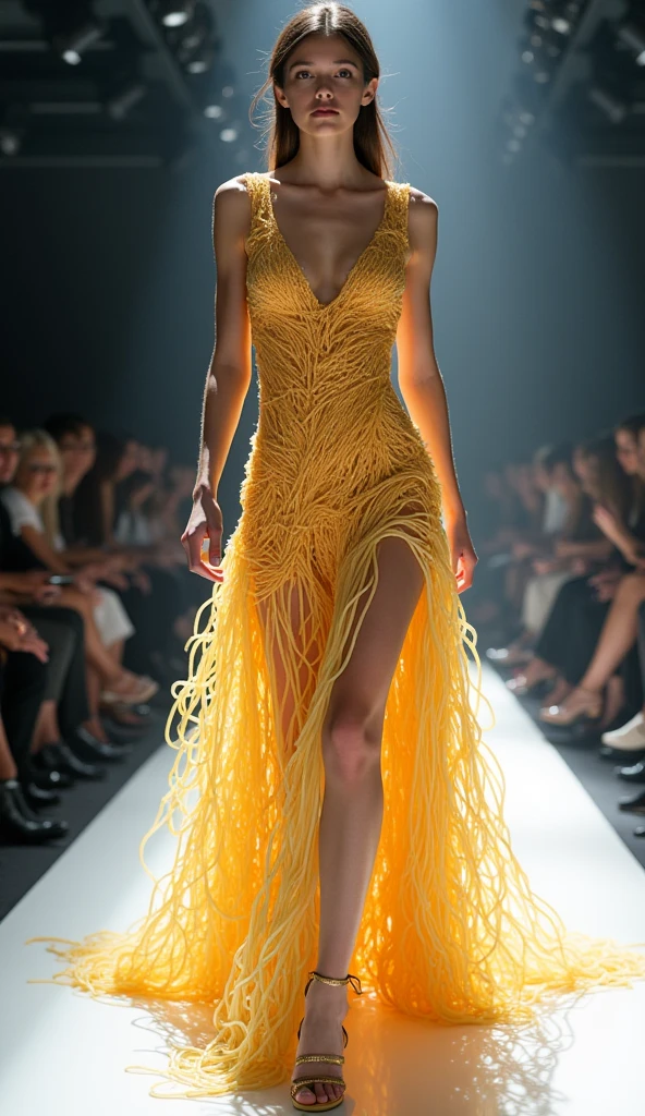Imagine an avant-garde runway show featuring models wearing dresses made entirely of papaya slices, showcasing the creativity and innovation in fashion design. The watermelon outfits could be adorned with intricate patterns or textures to create unique designs that exude style and individuality. In contrast, the models could wear white hair. --ar 69:128 --style raw --sref 695992723 405095850 2433968870 --personalize ae3yqyg --stylize 500 --weird 3 --v 6.1