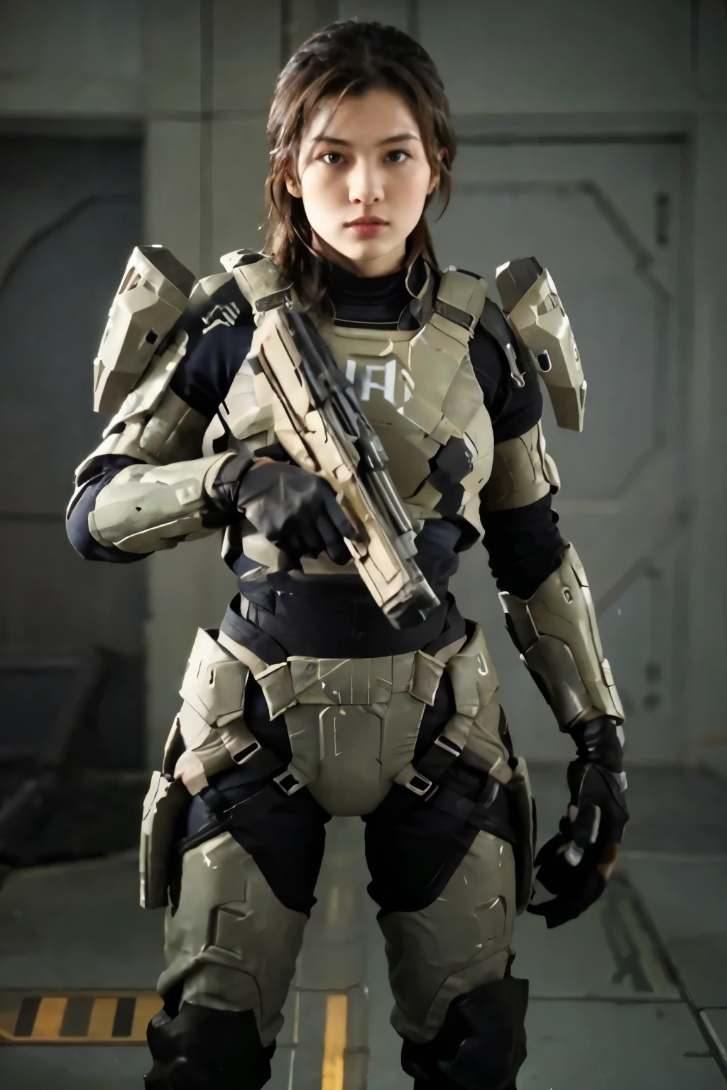 Female spartan from halo wearing a HALO REACH Commando-Class MJOLNIR spartan Armor with an orange visor and blue and black armor color , holding his helmet in one hand
