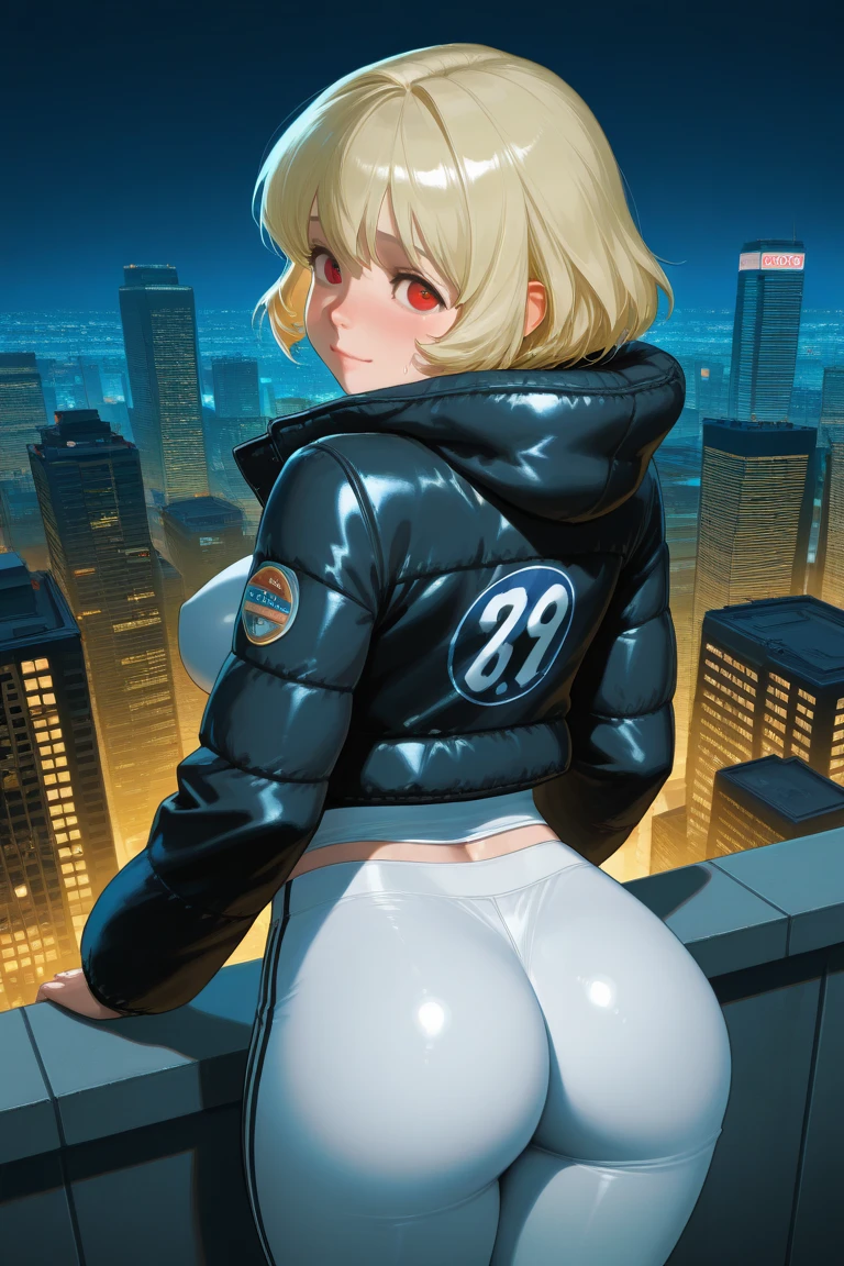 1girl, standing, from behind, looking back,
BREAK girl, 22yo, ear, blonde hair, (tareme:1.2), detailed cute red eyes, curled eyelashes, (medium breasts:0.8), 
beautiful detailed eyes, beautiful face, 
down jacket, sweat pants, (impossible clothes), small and round ass, 
embarrassed, frown, forced smile, 
on the rooftop of a skyscraper in Cyber City, huge building, metropolis, panoramic view, night, detailed neon lights, cinematic lighting,
masterpiece, best quality, amazing quality, very aesthetic, absurdres, newest, (realistic:1.2), super detailed, extremely detailed, nsfw, explicit