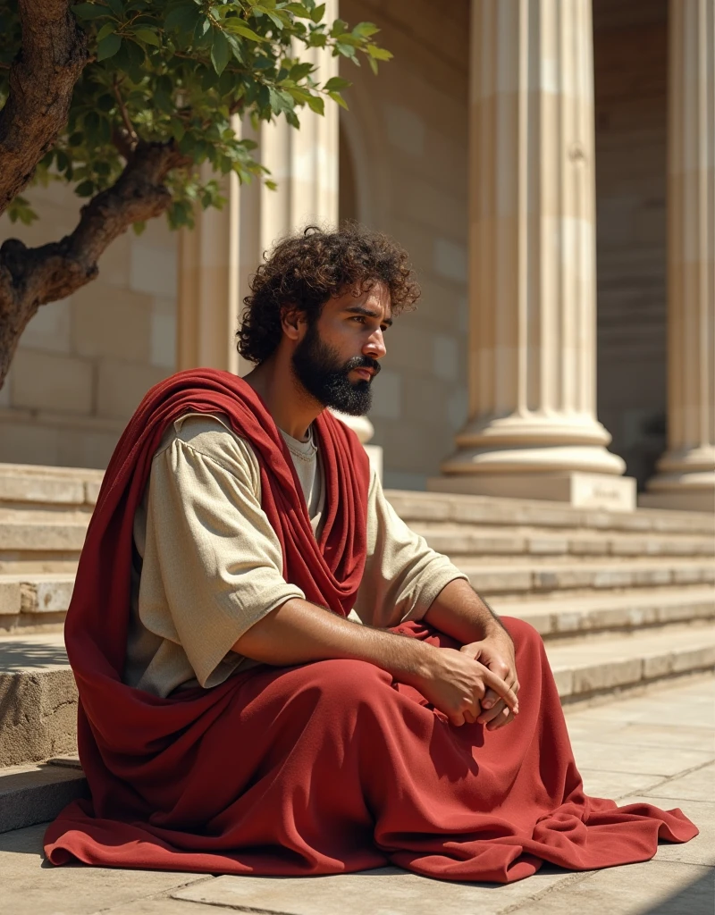 Writing decoration middle Black Italic letter "Apology of Socrates" writing bottom screen , Front view,  sitting pose, on ground, thinking pose ,Plato of philosopher, about BC 400, looking, (man is 25-age,  handsome face, brown Curl  hair,  little bread, serious,  ancient Greek  beige Wool Wear with red wool Toga, whist fasten brown cloth ,front laurel tree , in Athena palace, noon, (photographic, super high definition , retina, masterpiece,  anatomically correct, Accurate, textured skin,  super detailed,   High Details  ,  High Quality ,  High Quality ,  high definition , 8k))
