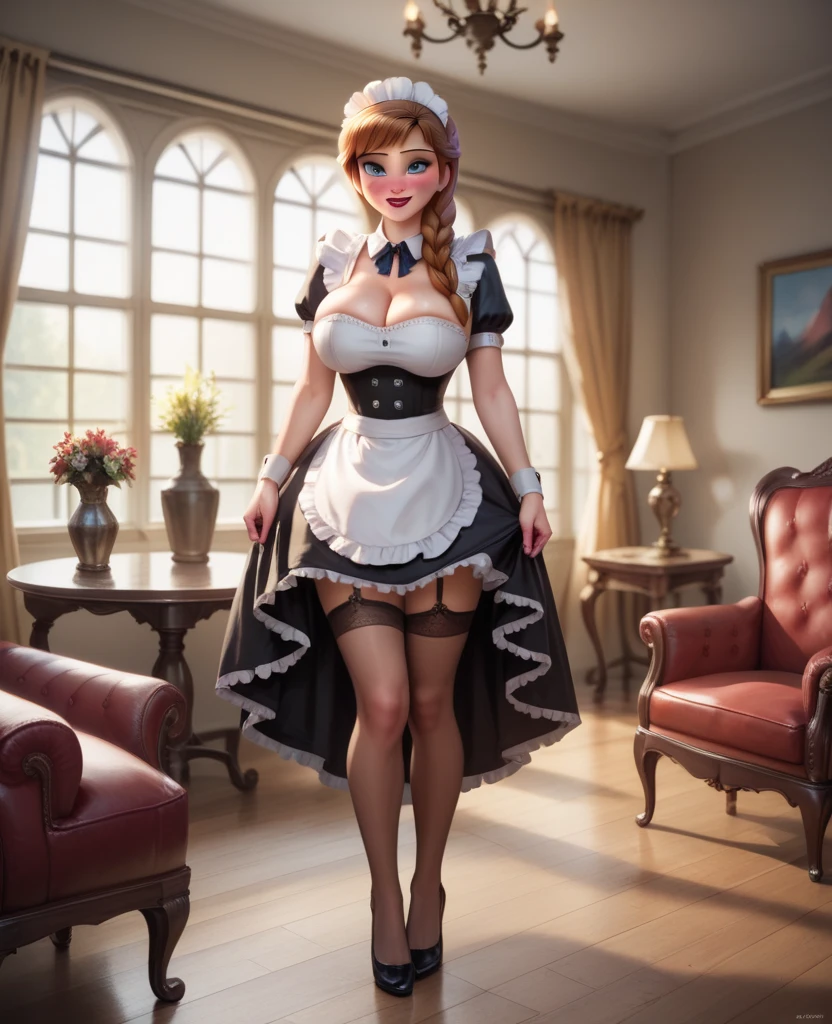 woman, ((Masterpiece, best quality)), full body view, bursting huge breasts, detailed skin, Anna from Frozen as a maid, maid clothes, clileaning the living room, highly detailed, cinematic lighting, ultra realistic, blush, looking at viewer, anna, anna from movie Frozen.