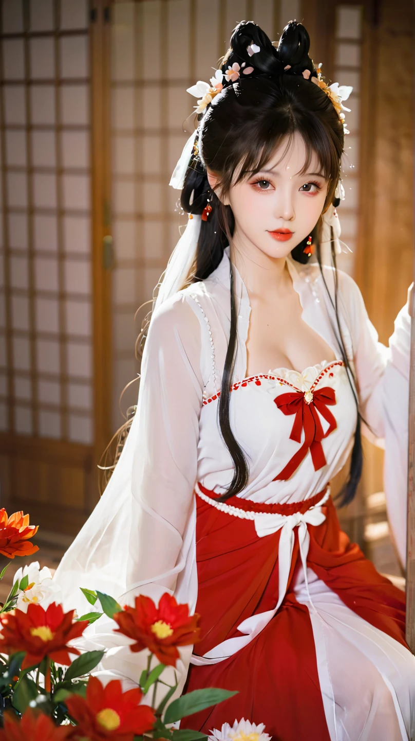 Hanfu fashion model 25 years old，Red tulle belly pocket，[[[[closeup cleavage]]]], [[[[coll]]]], [[[[bshoulders]]]], Hair is naturally scattered，large perfect eyes, Perfect iris，Perfect lips，perfect teeth，Perfect skin，Soft front light，with light glowing，hdr，（pastel colour：1.2）