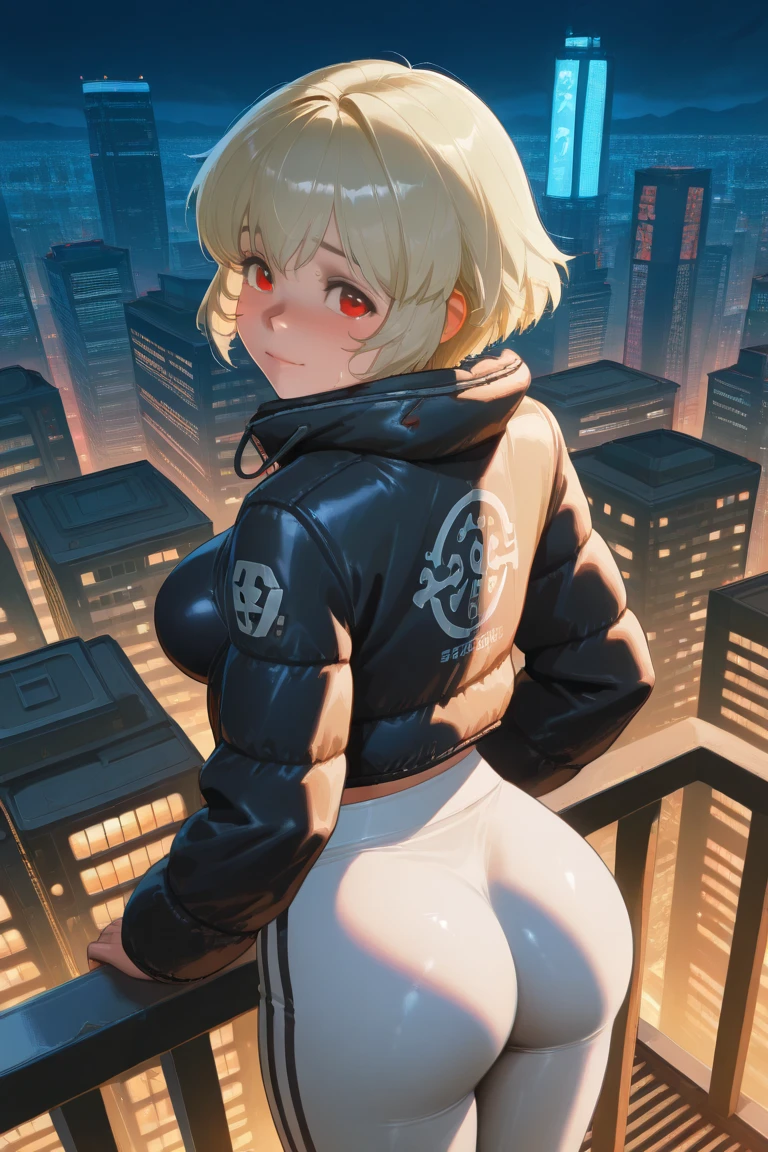 1girl, standing, from behind, looking back,
BREAK girl, 22yo, ear, blonde hair, (tareme:1.2), detailed cute red eyes, curled eyelashes, (medium breasts:0.8), 
beautiful detailed eyes, beautiful face, 
down jacket, sweat pants, (impossible clothes), small and round ass, 
embarrassed, frown, forced smile, 
on the rooftop of a skyscraper in Cyber City, huge building, metropolis, panoramic view, night, detailed neon lights, cinematic lighting,
masterpiece, best quality, amazing quality, very aesthetic, absurdres, newest, (realistic:1.2), super detailed, extremely detailed, nsfw, explicit