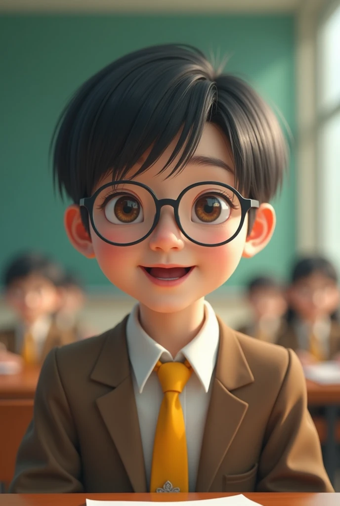 portrait of a male Vietnamese highschool student. He wears P.E outfit, he has a bowl cut, wearing a round glass, looks slim and tall and handsome, background is Vietnamese highschool. Draw in 3D