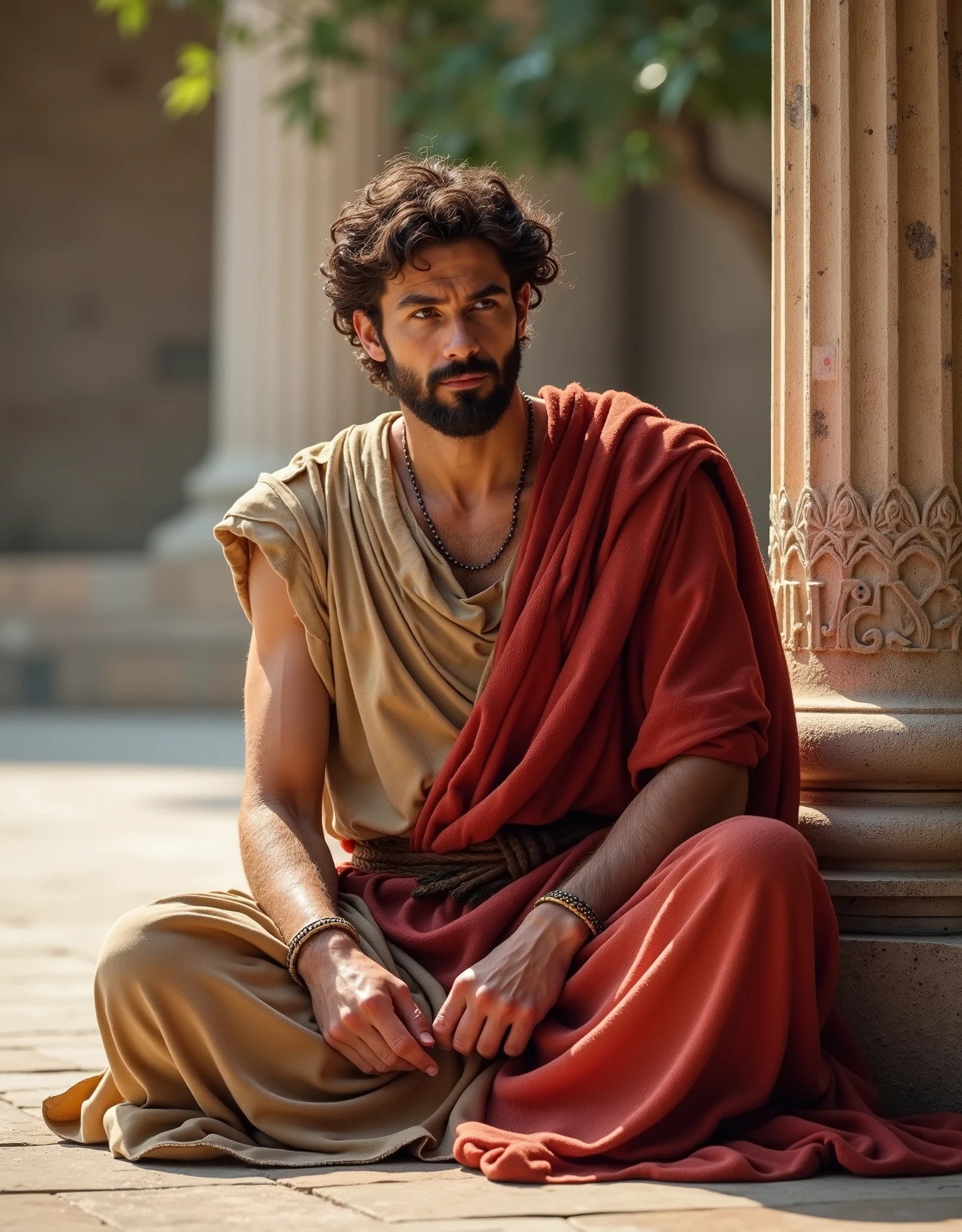 Writing decoration middle Black Italic letter "Apology of Socrates" writing bottom screen , Front view,  sitting pose, on ground, thinking pose ,Plato of philosopher, about BC 400, looking, (man is 25-age,  handsome face, brown Curl  hair,  little bread, serious,  ancient Greek  beige Wool Wear with red wool Toga, whist fasten brown cloth ,front laurel tree , in Athena palace, noon, (photographic, super high definition , retina, masterpiece,  anatomically correct, Accurate, textured skin,  super detailed,   High Details  ,  High Quality ,  High Quality ,  high definition , 8k))
