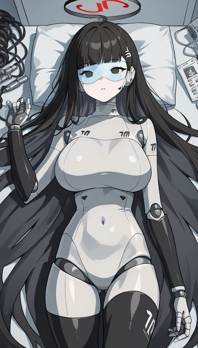 masterpiece, best quality, extremely detailed, (8K, 4K, Best Quality, hight resolution, 超A high resolution:1.1), ,8k portrait, Japaese android Girl,Plump , dark black leg cover,announcer,control panels,android,Droid,Mechanical Hand, Robot arms and legs, pink Robot Parts,Black long hair,Mechanical body,Blunt bangs,perfect mechanical abdomen,black robotics parts,perfect robot woman,future laboratory,cyber pank,charging spot,laboratory,long tube,thick cable connected her neck,black ceramic body ,perfect mechanical body, pink robot body,lod antenna,mechanical ear cover,android,robot humanoid,black sponge joints,The removable cover is in the groin,The connection port is in the groin,opened chest panel,access panel on the chest,opened breast panel,perfect mechanical breast,perfect black machine body,perfect black android body,She has repaired,assembly plant,no human skin,visor,mistyrobot,rio(blue archive),dress,empty eyes,malfunction,robot joint,doll joint,robotization,tight bodysuit,lying,surgery table,mechbare