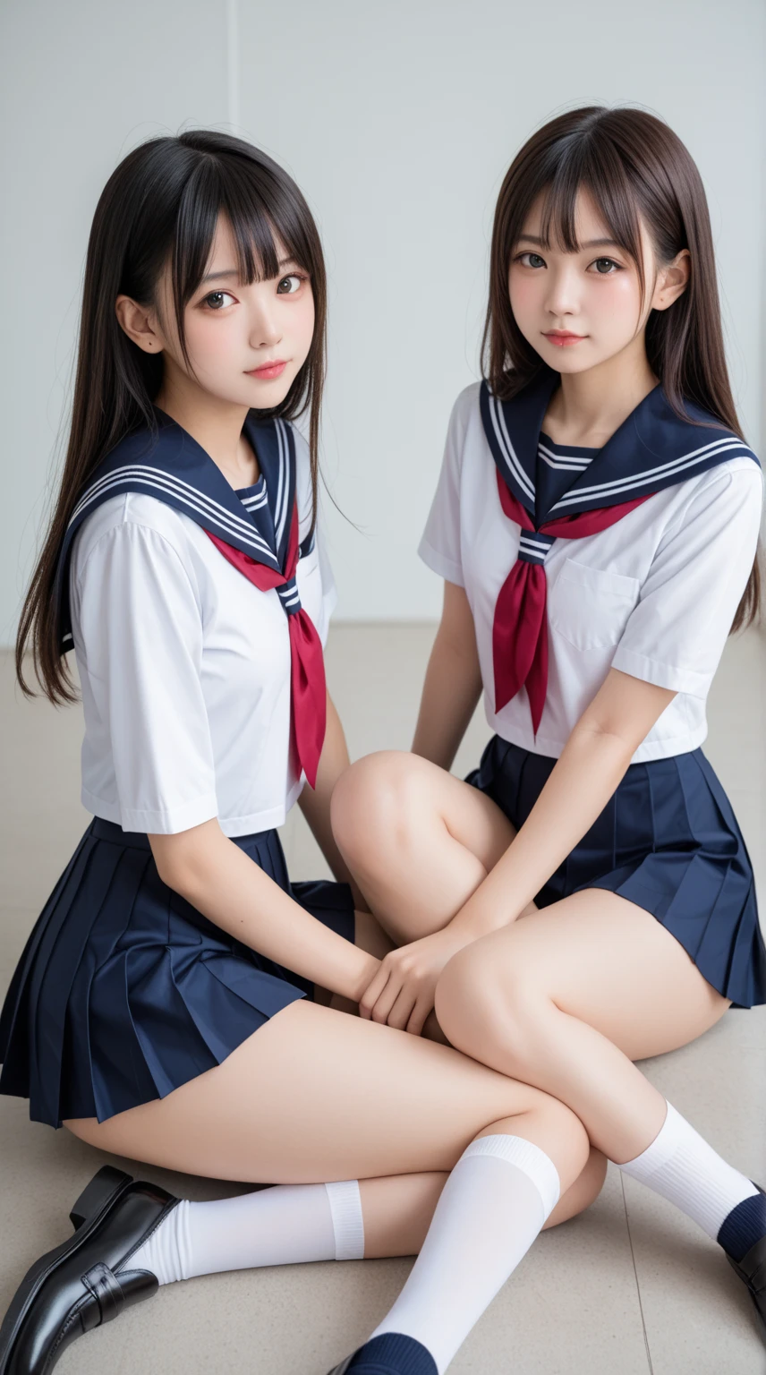 Two asian women in セーラースーツs posing for a picture, 日本の女子高生2人がポーズをとっている