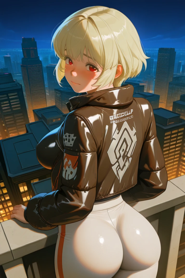 1girl, standing, from behind, looking back,
BREAK girl, 22yo, ear, blonde hair, (tareme:1.2), detailed cute red eyes, curled eyelashes, (medium breasts:0.8), 
beautiful detailed eyes, beautiful face, 
down jacket, sweat pants, (impossible clothes), small and round ass, 
embarrassed, frown, forced smile, 
on the rooftop of a skyscraper in Cyber City, huge building, metropolis, panoramic view, night, detailed neon lights, cinematic lighting,
masterpiece, best quality, amazing quality, very aesthetic, absurdres, newest, (realistic:1.2), super detailed, extremely detailed, nsfw, explicit