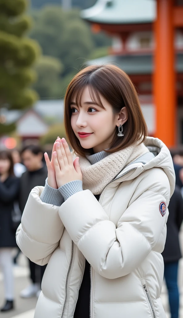 Side shot 、 standing position 、(((Full body photo)))、(( full body shot)))、I'm wearing a white down jacket、 I'm praying with my hands together in front of the main shrine、12Ｋ、ＨＤＲ、 bits deep 10 bits 、I'm wearing a hoodie hood 、 I'm wearing a knitted scarf around my neck 、 charming posing、 (  realistic ) , (photo  realistic :1.4), masterpiece,  is very delicate and beautiful ,  very detailed,(  light brown hair )、A woman who exudes adult appeal  、 clear white skin  、 random hairstyle 、 a warm down jacket 、日本のAt the shrine、 I can see a lot of people in the background 、First visit of the Japan、At the shrine、I'm putting my hands together and praying to God 、The expression of prayer、