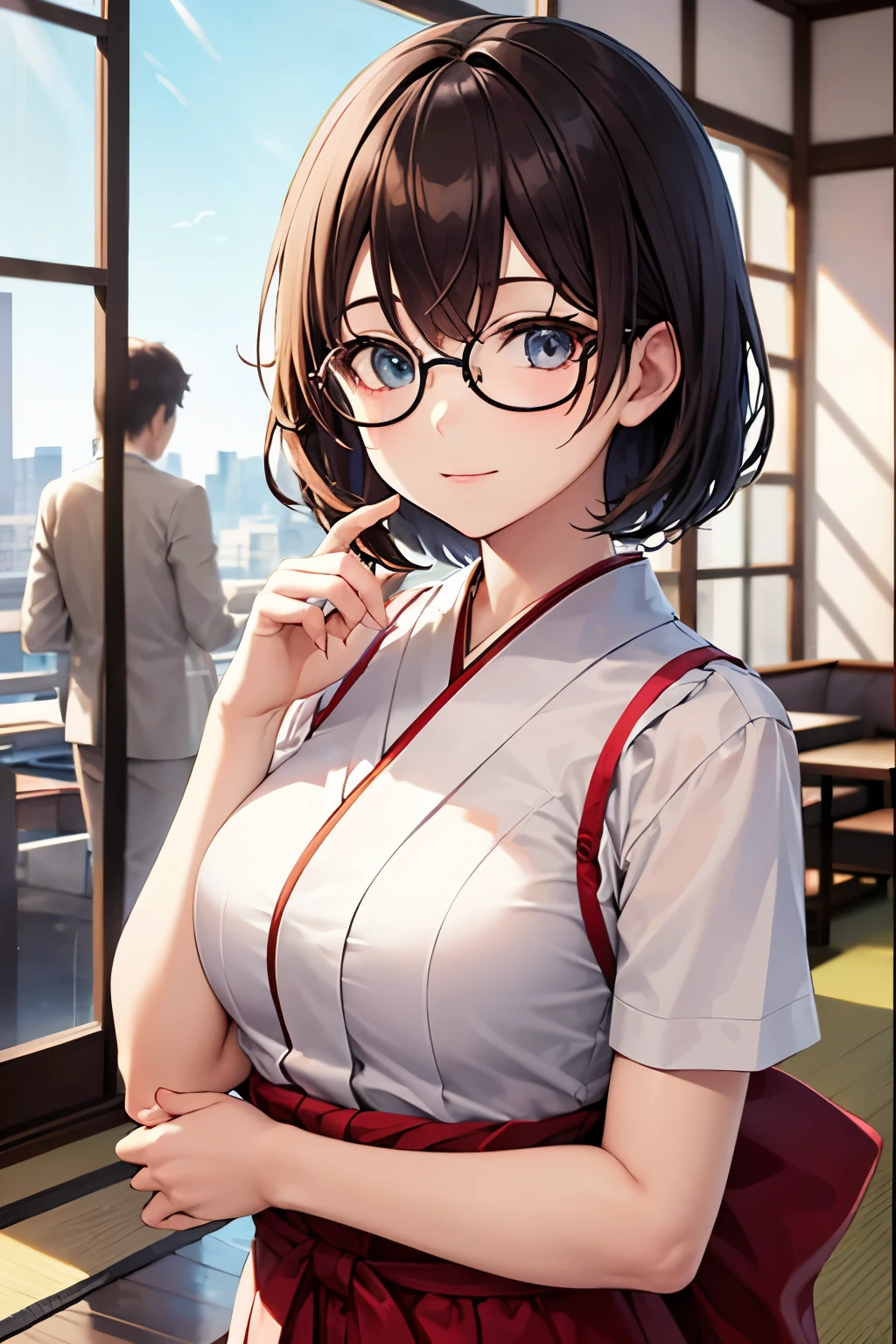 Top Quality, 8K, 4K, High Definition, Details Beautiful round glasses girl, dark hair girl, Japan style everyday clothes, hotel lounge, upper body shown,