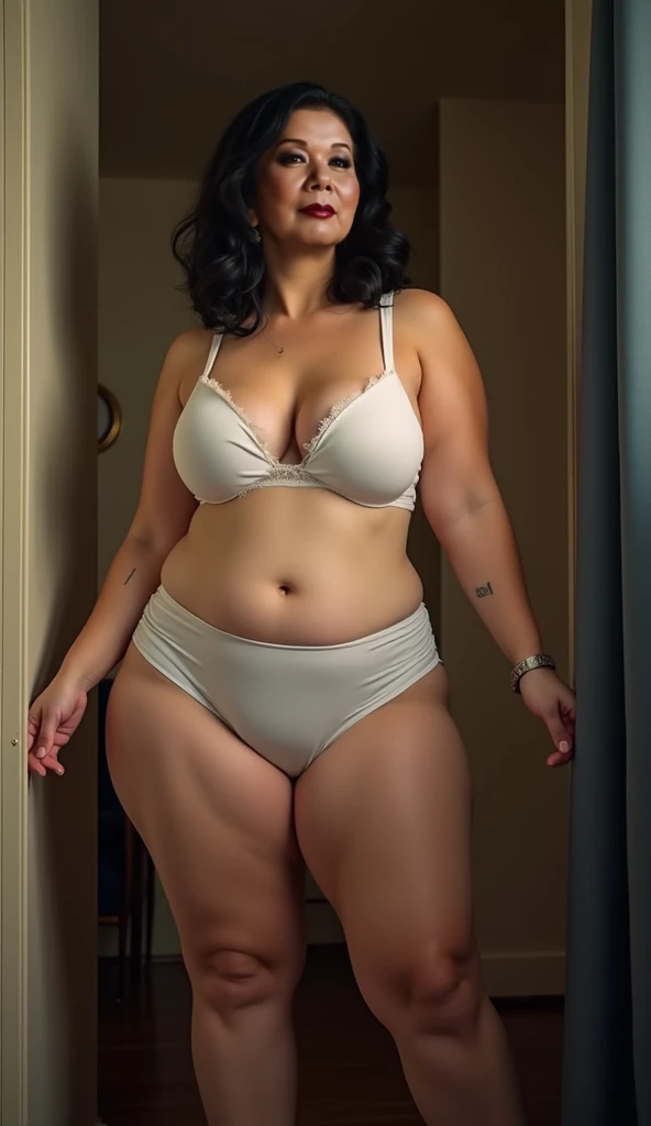 bed room ,araffe woman in a sexy costume posing for a picture, thicc, thick body, thicc build, thick thigs, large thighs, hyperrealistic full figure, exaggeratedly large physique, massive legs towering over you, thick, beautiful thick female, powerful and huge, thick legs, thick thighs, wide hips, oppai proportions, pawg