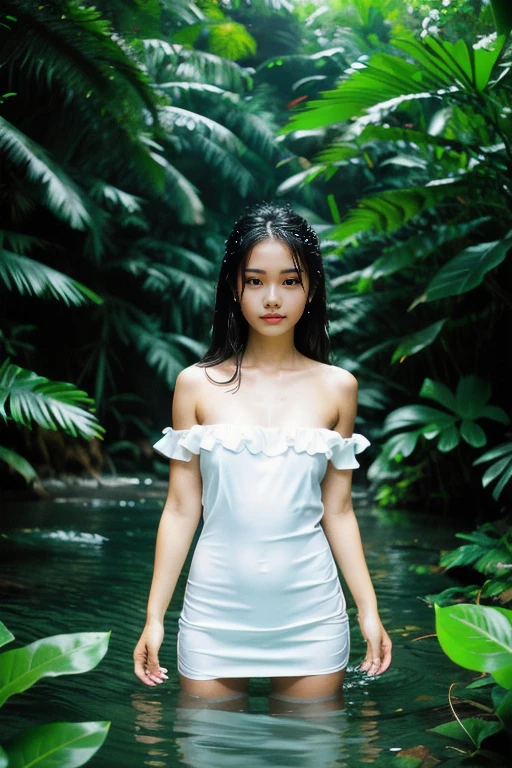 Top Quality, Masterpiece, High Resolution, 8k, (((cute barely legal girl standing in oversized silky Spa Wrap Top, random color, wide neckline, deep neckline, small perky breasts, beautiful detailed eyes, beautiful detailed lips, small closed mouth, extremely detailed face, long pixie asymmetrical hair style, small hips))), ((japanese onsen, wet and steamy atmosphere, intricate details, at night, backlit, full body shot, view from distance))