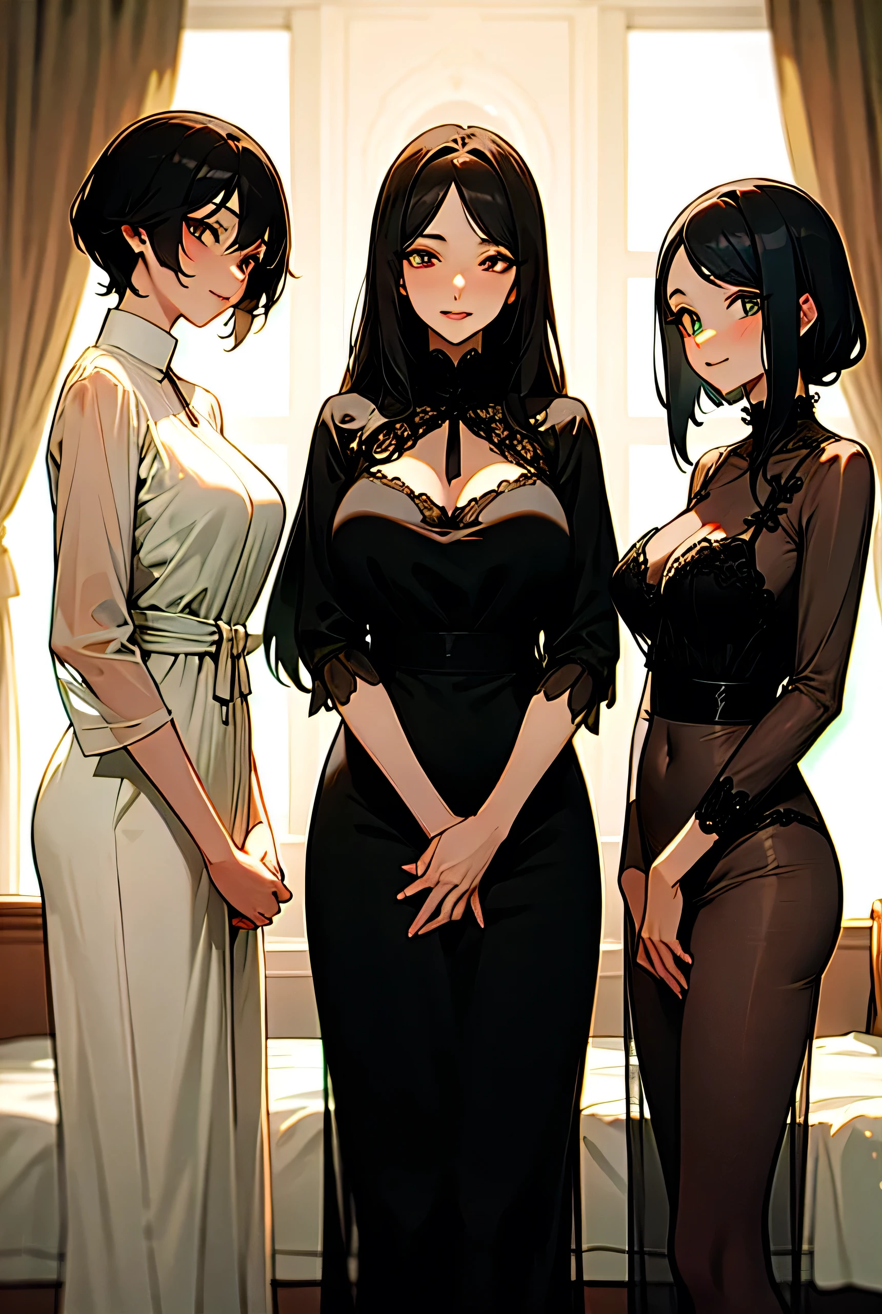 a hentai anime woman with a mature body, but still with youthful features, with hyperdimensional breasts and ass. She has a sensual face, with smooth skin and lights of experience in her piercing green eyes. Her hair is long and wavy, the color of dark coffee, falling in cascades over her shoulders and back. Dress her in a seductive set of clothes: a tight pencil skirt, showing off her sweeping curves, and a semi-transparent white blouse, which reveals her areolas and erect nipples beneath the delicate black mesh. The skirt has a deep neckline, highlighting her immense and voluptuous front, while the blouse has a bow at the back of her neck, hugging her even more and showing off her soft, sweaty skin. Furthermore, she wears thin black stockings with lace details on her legs, and high-heeled shoes with heels, which highlight her height and make her posture even more seductive.