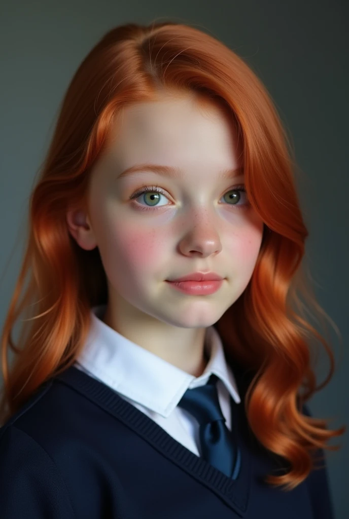 A red-haired girl with straight hair type and has a lock of white hair, He is arrogant but has a tender air and his age is around 8 years old., Her eyes are blue and she has freckles on her face but more so on her nose., She is dressed in her which consists of a navy blue skirt., a navy blue jacket, White shirt, black tie , her lips are painted a reddish color, and is in the hallways of a house Digital image of book character. Digital realism