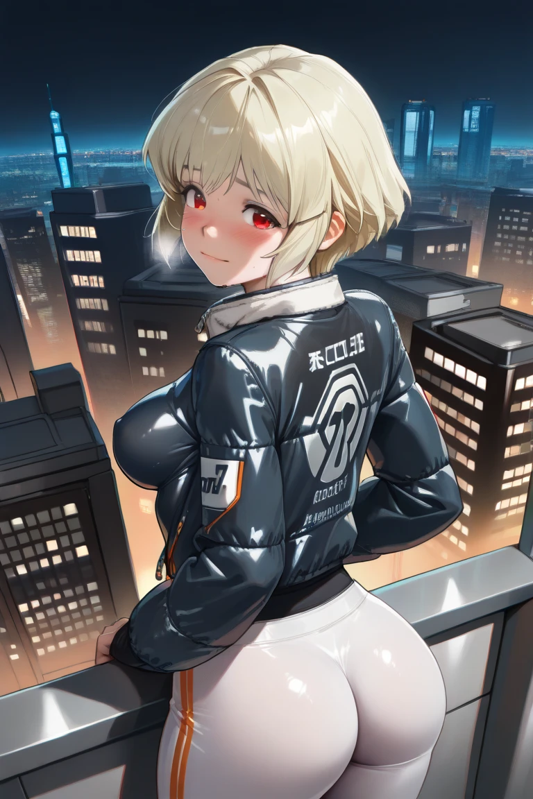 1girl, standing, from behind, looking back,
BREAK girl, 22yo, ear, blonde hair, (tareme:1.2), detailed cute red eyes, curled eyelashes, (medium breasts:1.4), 
beautiful detailed eyes, beautiful face, 
down jacket, sweat pants, (impossible clothes), small and round ass, 
embarrassed, frown, forced smile, 
on the rooftop of a skyscraper in Cyber City, huge building, metropolis, panoramic view, night, detailed neon lights, cinematic lighting,
masterpiece, best quality, amazing quality, very aesthetic, absurdres, newest, (realistic:1.2), super detailed, extremely detailed, nsfw, explicit