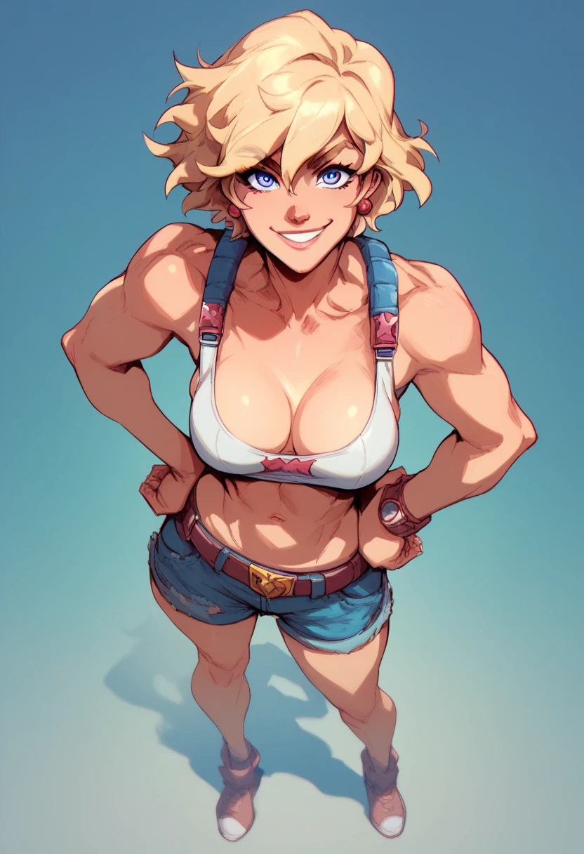 best quality, ultra high res, (photorealistic:1.4), 1girl, solo, clover \(totally spies\), blonde hair, short hair, blue eyes, red bodysuit, belt (( hyper muscular:0.9 )) , (big breasts:1.2), (strong) ,