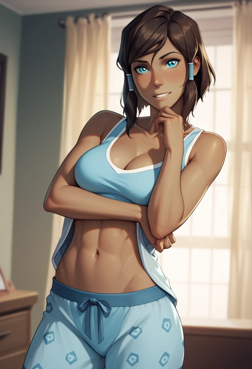 Masterpiece,8k quality, extremely detailed, 2.5D, Korra, bedroom background, muscular, defined abdomen, slightly visible 4 pack abs, tank top, pajamas, medium breasts