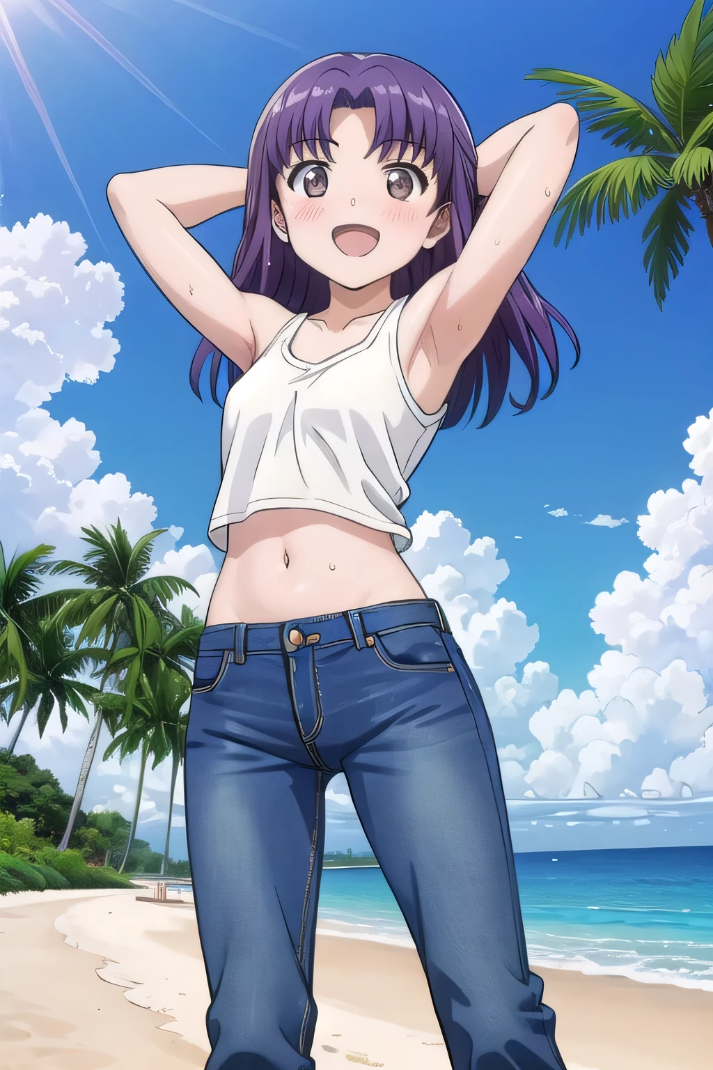 masterpiece,best quality,ultra detail,1girl, 14yo, petite, ((round face, ecstasy, orgasm face, drooping eyes, shame smiling, blush)), dropping eyes, sleepy, background((under the beach, (day:1.2), palm tree, bright sky)), misato katsuragi, long hair, (brown eyes:1.5), (purple hair:1.2), (parted bangs:1.5), arms behind head, contrapposto, spread armpits, looking at viewer,, tank top, crop top, (jeans pants:1.2, flares jeans:1.2, skinny jeans:1.2, blue jeans:1.2), standing, (legs spread:1.4), dynamic pose, Sweaty crotch, Steam from the crotch, (view wide:1.15), medium body