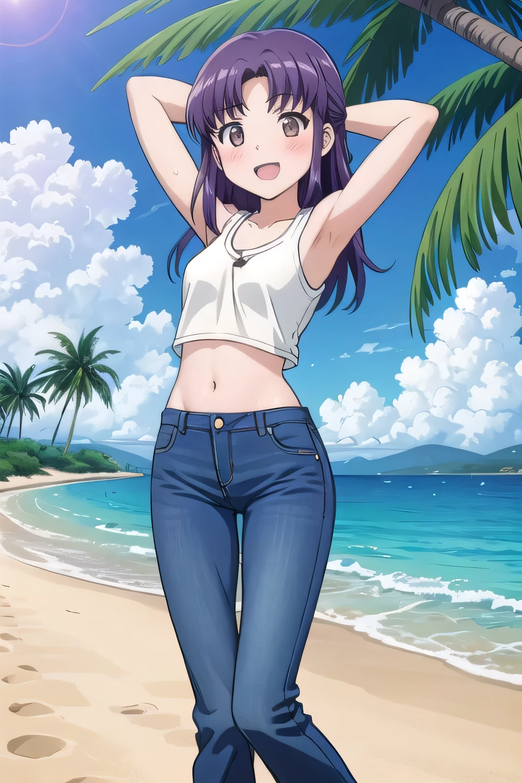 masterpiece,best quality,ultra detail,1girl, 14yo, petite, ((round face, ecstasy, orgasm face, drooping eyes, shame smiling, blush)), dropping eyes, sleepy, background((under the beach, (day:1.2), palm tree, bright sky)), misato katsuragi, long hair, (brown eyes:1.5), (purple hair:1.2), (parted bangs:1.5), arms behind head, contrapposto, spread armpits, looking at viewer,, tank top, crop top, (jeans pants:1.2, flares jeans:1.2, skinny jeans:1.2, blue jeans:1.2), standing, (legs spread:1.4), dynamic pose, Sweaty crotch, Steam from the crotch, (view wide:1.15), medium body