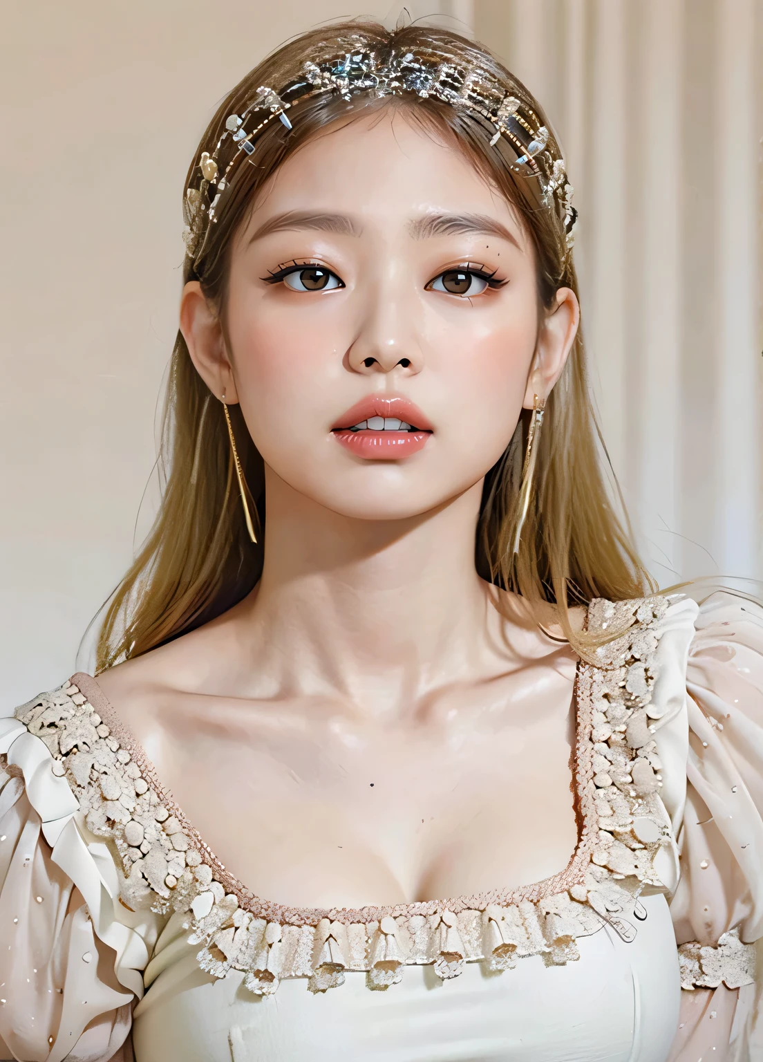 black pink jennie, almond eyes, full lips, big and voluptuous breasts, ojos celestes rubia