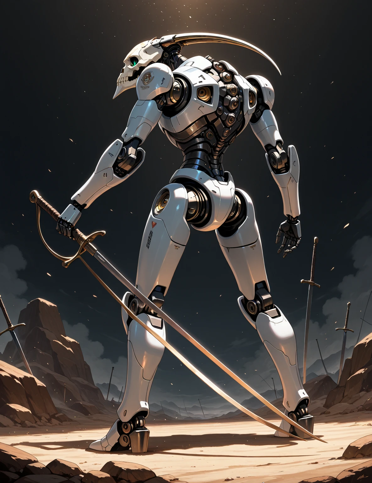  robot with skull head,Two-Way,Robot with lower body , face with long back of head ,Holding a Western sword,Two-Way