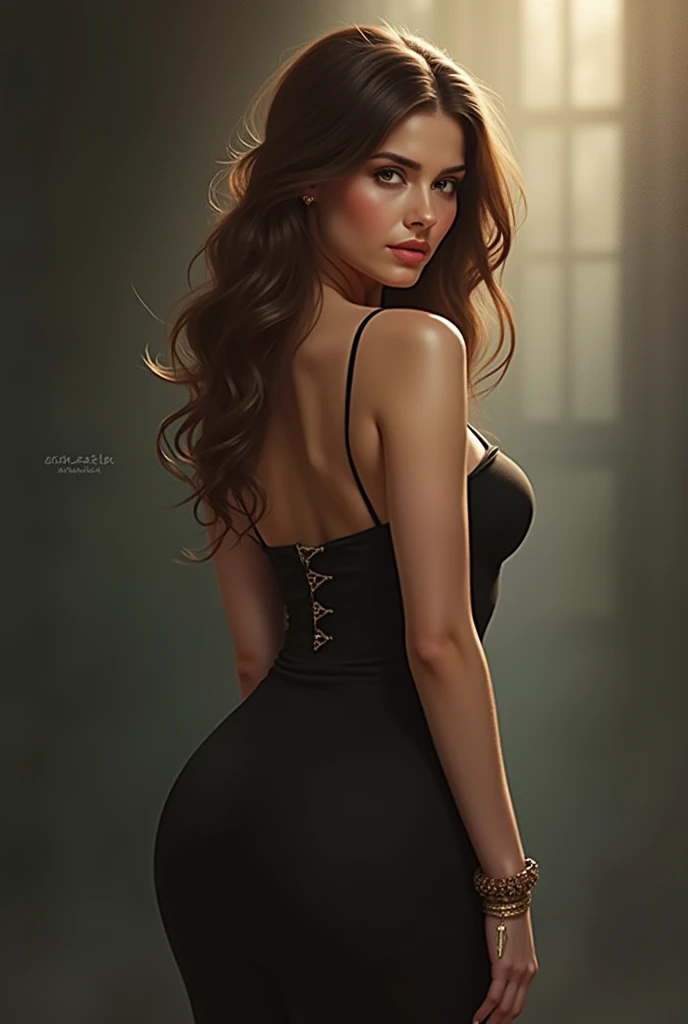 14 yo, Beautiful Russian, god, cute face,in a black short dress, skinny, beautiful tight dress, curly hair, wild hair, sharp facial features, Blue eyes, small nose, thin waist, slim waist, voluminous hair, dimples, thin arms, girl, black tight short dress, pop в платье, slim waist, short skirt, topic, pop, beautiful back, pop, 14 years, pop, view from the back, Very short dress,  in a dress