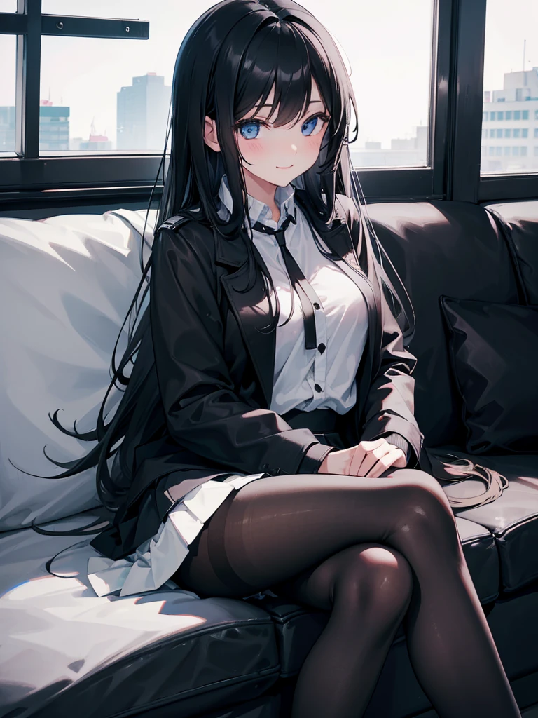 tmasterpiece、Need、Highest high resolution、Japanese high school student、Japanese high school girl、Dark blue top、a black pleated skirt、The slender legs are wearing dark black pantyhose、No shoes、ccurateblack hair、Long straight hair, blue colors+Black colored eyes、Sit by the large floor-to-ceiling windows、Outside the window is a sight that can only be seen from the upper floors：Illuminated streets、Brilliant neon lights、Dark night sky and starry sky。