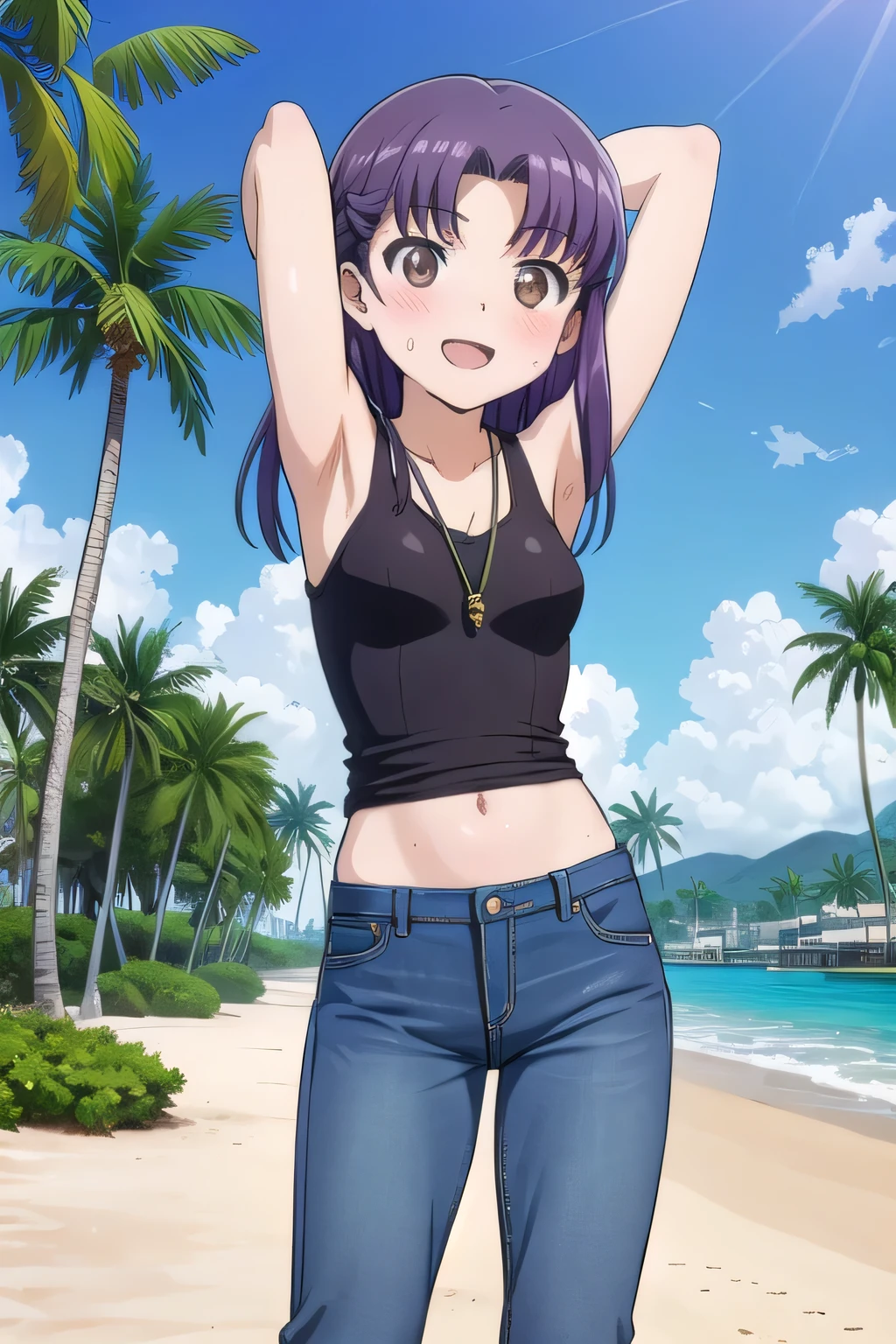 masterpiece,best quality,ultra detail,1girl, 14yo, petite, ((round face, ecstasy, orgasm face, drooping eyes, shame smiling, blush)), dropping eyes, sleepy, background((under the beach, (day:1.2), palm tree, bright sky)), misato katsuragi, long hair, (brown eyes:1.5), (purple hair:1.2), (parted bangs:1.5), arms behind head, contrapposto, spread armpits, looking at viewer,, tank top, crop top, (jeans pants:1.2, flares jeans:1.2, skinny jeans:1.2, blue jeans:1.2), standing, (legs spread:1.4), dynamic pose, Sweaty crotch, Steam from the crotch, (view wide:1.15), medium body