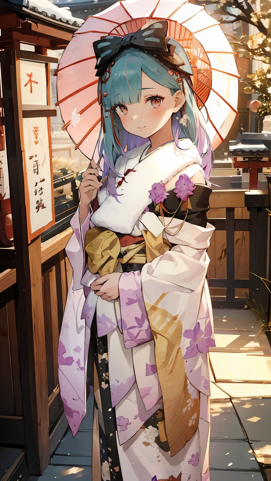 ((best quality)), ((masterpiece)), (detailed), perfect face, (best quality), (detailed skin:1.3), (intricate details), A young Japanese girl wearing a beautiful traditional furisode kimono, adorned with vibrant floral patterns in shades of red, pink, and gold, walking gracefully through a serene Shinto shrine. She has a radiant smile and carries a small omamori charm in her hand. Her hair is elegantly styled with traditional kanzashi hair ornaments, and the sunlight filters through the torii gates, casting soft shadows. The setting includes a pathway lined with stone lanterns and trees, some of which are dusted with a light layer of snow, adding a seasonal touch to the tranquil scene. A sense of joy and tradition fills the air, reflecting the festive atmosphere of a New Year’s Day visit.