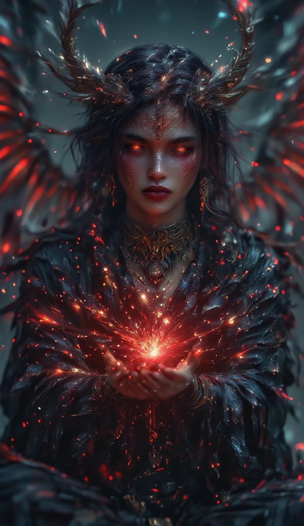 Professional 3D model of dnd character dark undead evil witch casting spell, speaking, glowing red spell, oil painting, (Highly Detailed Oil Painting: 1.2), light effect, god rays, hand drawn, render, 8k, octane render, cinema 4D, blender, dark, atmospheric 4K highly detailed, sensual cinematic, sharp focus, cute illustration, large depth of field, masterpiece, color, octane render 3D, 4K, concept art, trending on artstation, highly realistic, vibrant colors, highly detailed 8K unity CG wallpaper, trending on ArtStation, trending on CGSociety, intricate, high detail, dramatic, .octane render, highly detailed, volumetric, dramatic lighting, sitting cross-legged