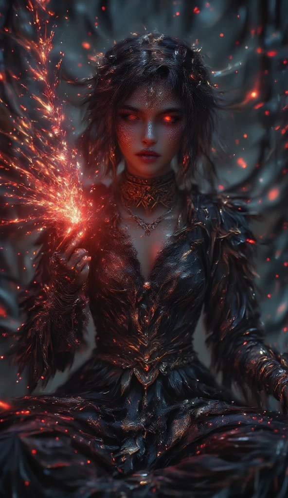 Professional 3D model of dnd character dark undead evil witch casting spell, speaking, glowing red spell, oil painting, (Highly Detailed Oil Painting: 1.2), light effect, god rays, hand drawn, render, 8k, octane render, cinema 4D, blender, dark, atmospheric 4K highly detailed, sensual cinematic, sharp focus, cute illustration, large depth of field, masterpiece, color, octane render 3D, 4K, concept art, trending on artstation, highly realistic, vibrant colors, highly detailed 8K unity CG wallpaper, trending on ArtStation, trending on CGSociety, intricate, high detail, dramatic, .octane render, highly detailed, volumetric, dramatic lighting, sitting cross-legged