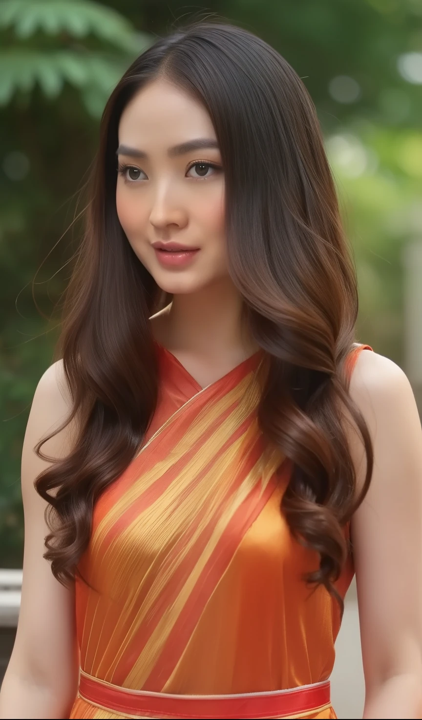 A beautiful young girl actres in ancient Chinese dress, detailed face makeup, middle-parted hairstyle, slim and slender figure, wide hips, sexy thighs, Gadis cantik mengenakan pakaian china kuno ,wajah make up, gaya rambut di ikat belah tengah, badan kurus ramping, pinggul lebar, paha sexy, detailed facial features, photorealistic portrait, cinematic lighting, hyper realistic, digital art, ultra high resolution, masterpiece