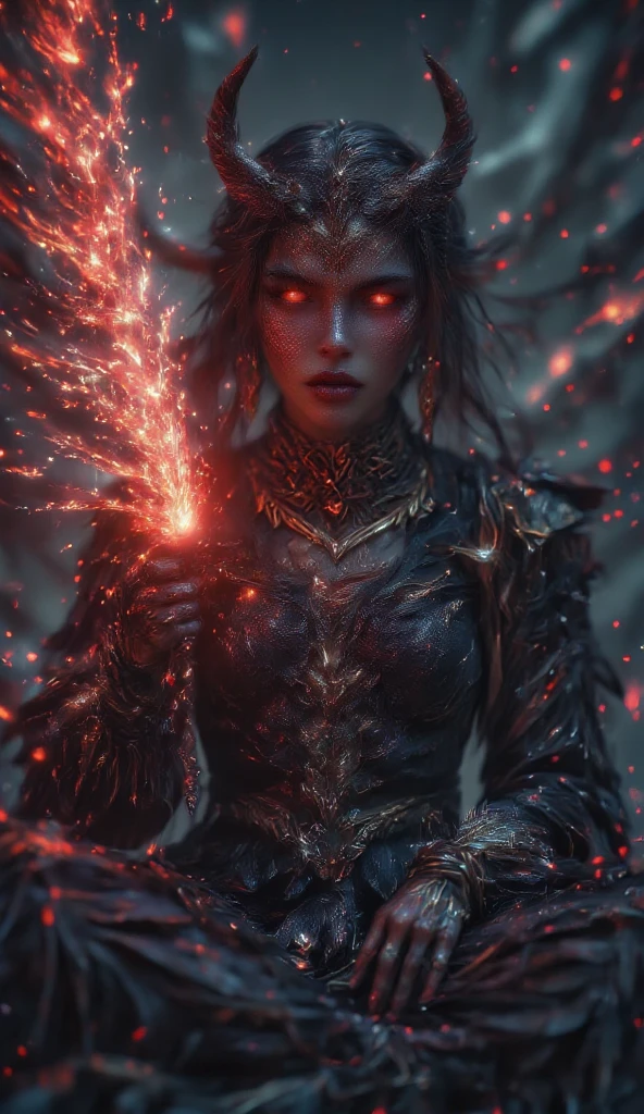 Professional 3D model of dnd character dark undead evil witch casting spell, speaking, glowing red spell, oil painting, (Highly Detailed Oil Painting: 1.2), light effect, god rays, hand drawn, render, 8k, octane render, cinema 4D, blender, dark, atmospheric 4K highly detailed, sensual cinematic, sharp focus, cute illustration, large depth of field, masterpiece, color, octane render 3D, 4K, concept art, trending on artstation, highly realistic, vibrant colors, highly detailed 8K unity CG wallpaper, trending on ArtStation, trending on CGSociety, intricate, high detail, dramatic, .octane render, highly detailed, volumetric, dramatic lighting, sitting cross-legged