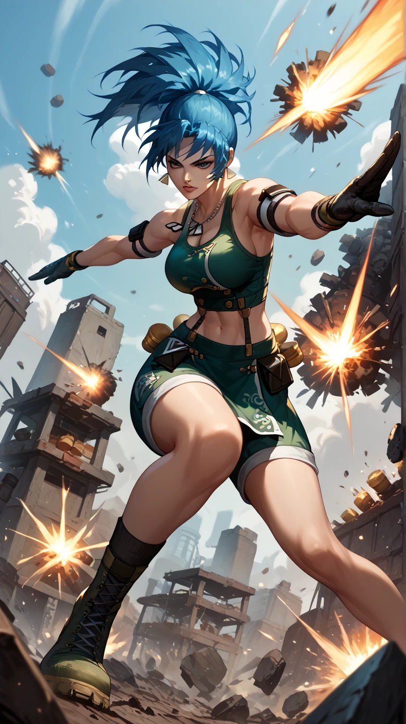 Sexy leona heidern, Dark blue hair , triangle earrings, dog tags, on a wasteland, pose sexy, Using Qipao, attacking, View from below, explosions everywhere,