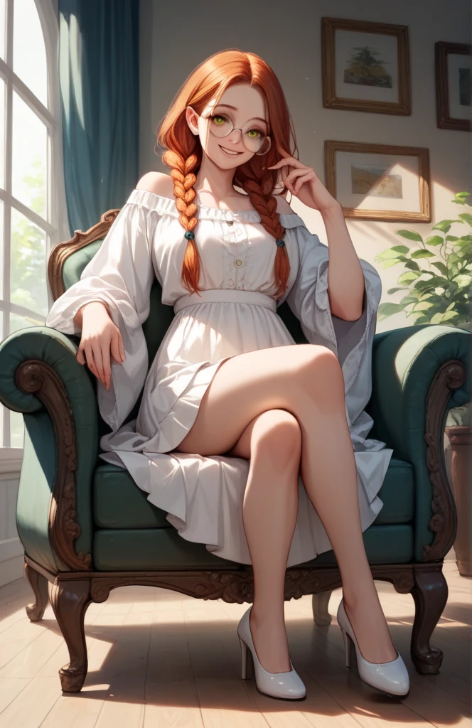 1 woman,  long hair, natural redhead, 2 braids,  round glasses ,  yellow eyes,  full body ,  white high-waisted short skirt , yellow off-the-shoulder blouse l ,  sitting on an armchair next to a window, wide smile, rubotized ,  beautiful eyes .