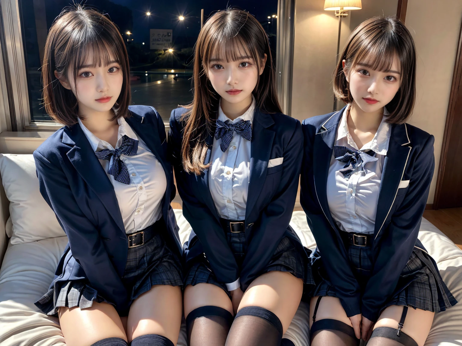 (8K, Raw photography, top-quality, masterpiece:1.2), master piece, best quality, illustration, Super detailed, fine details, High resolution, 8K,wall paper, perfect dynamic composition,(Details High quality, realistic depiction of eyes:1.3), ((2 girls, 2 schoolgirls)), The background is a luxury hotel room、High school girl uniform、blazer 、Super Short Check Uniform Skirt、Navy blue high socks、garterbelts、Colossal tits、Disturbed uniform, Play with each other,Touching each other's bodies,Touching the body of the girl next door, short bob hair, black hair color, huge breasts, Big Natural Color Lip, bold sexy pose, (perfect body shape), crying a little、cold gaze, Beautiful makeup,glitter makeup,Cutest 18 years old, beautiful legs, hposing Gravure Idol, Voluptuous thighs