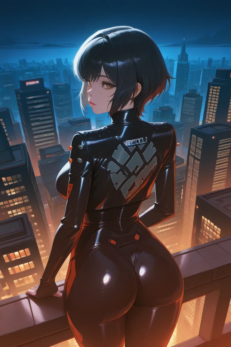 1girl, standing, from behind, looking back,
BREAK girl, on the rooftop of a skyscraper in Cyber City, huge building, metropolis, panoramic view, night, detailed neon lights, cinematic lighting,
masterpiece, best quality, amazing quality, very aesthetic, absurdres, newest, (realistic:1.2), super detailed, extremely detailed, nsfw, explicit