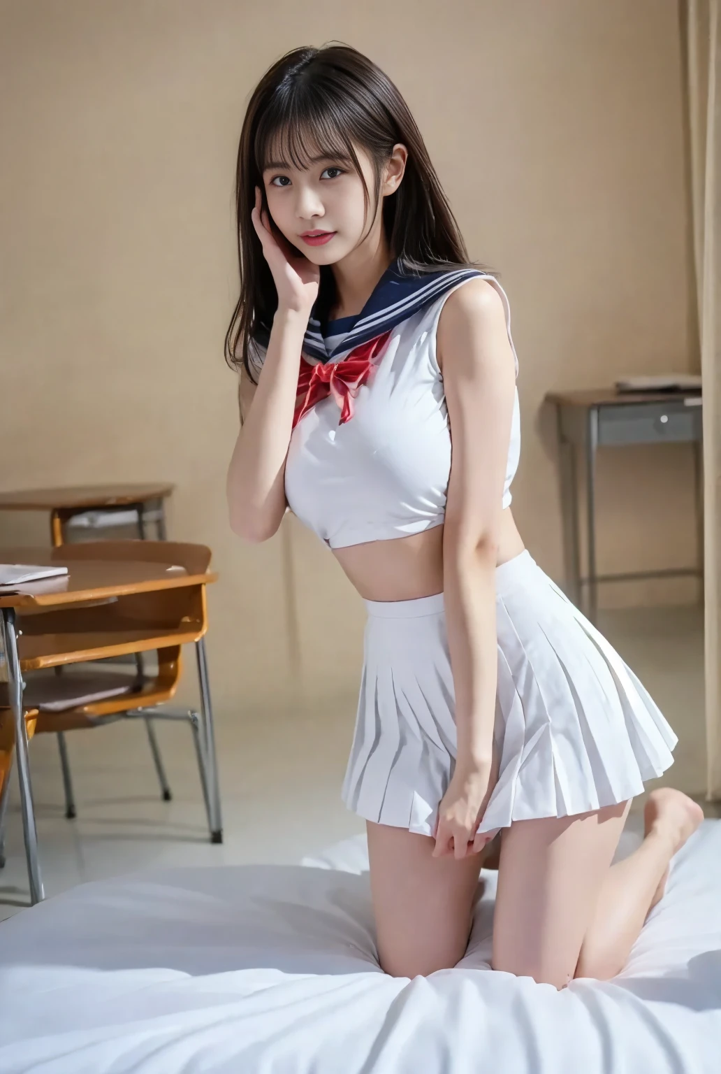 {{{ clear white skin }}}、{{{Small face}}}、{{{Small face}}}、{{{Whitening}}}、{{{Fair skin}}}、 plump body、Perfect curves、 high school girl、 sailor suit、White summer clothes、The collar is black 、white 3 lines、 sailor suitの丈は短い、 red scarf length is short、 pleated skirt 、 the pleats are narrow 、 black skirt、 length short skirt 、 miniskirt、The face is round、Droopy eyes、 eyes are droopy、 has lowered the outer corner of her eye、Many eyelashes、Eyelashes are bristly、 lipstick is clear、Beautiful breasts、Big Breasts、 huge breasts 、超Big Breasts、 perfect body, Slim waist、 long foot、 back view、 on all fours、slouch、alone、Heavy makeup、 hair is brown 、 short bob、With bangs、Beautiful breasts、Big Breasts、 huge breasts 、超Big Breasts、 has big enough breasts to burst、Extra large breasts、Short torso、The torso is short、 Slim waist、 small ass、 thin legs 、 long foot、