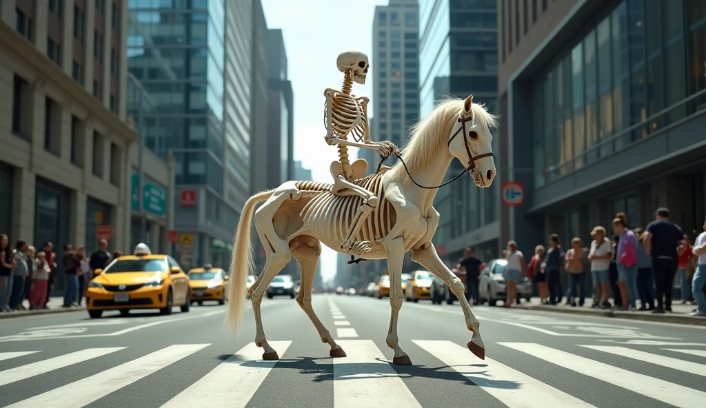 Create the image of a metal disk where the cover is a skeleton riding the skeleton of a horse