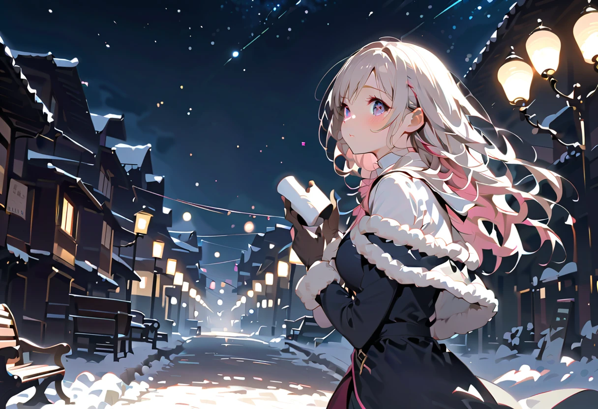 back view、Bench with snow piled up 、 Snowy Streetscapes 、雪の空を looks up at the 、 back view、Snow trails 、Profile gazing into the distance、 starry sky を looks up at the 、 Rear View、Backwards、 snowy white road 、 white snow road 、 gloves、 muffler 、 White Breath、 starry sky 、、 raise your face、 knight の冬街、 Illuminations、 amazing light、 knight 、 thick boa coat 、 long coat and 、 muffler 、、 wear a thick coat 、 sing around the city for the winter sky 、snowy town、asymmetry bangs, swept bangs.,extends hands、 、{{{masterpiece}}}, {{{ top quality}}}, {{ super detailed }}, {beautiful detailed eye}, 1 girl ,Alone, (( gray hair)),(bangs), Angle from above、 looks up at the , girl ,Midea,eye、 dynamic angle 、Long gray hair、 pink hair 、Alone、 medium hair 、白い medium hair 、 long hair、 bob hair、 long sleeve pink shirt with white collar {x} 肩くらいまで伸びる gray hair 、 pink hair with pink tips 、 medium hair ー、 hair inner color is pink 、 hair down shoulder 、 pretty girl 、Detailed eye、Anime、 Shirogane Noel、 black skirt、 hair down shoulder 、Alone、 1 girl 、E art style 、 The light shines 、Beautiful Shadows、Alone、