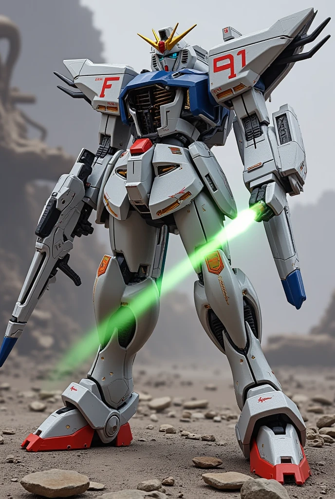 robot gladiator"F91" ,  holds a beam saber that emits light , Shield of Light Prevent with Beam Shield  , background:Battle zone using abandoned colonies