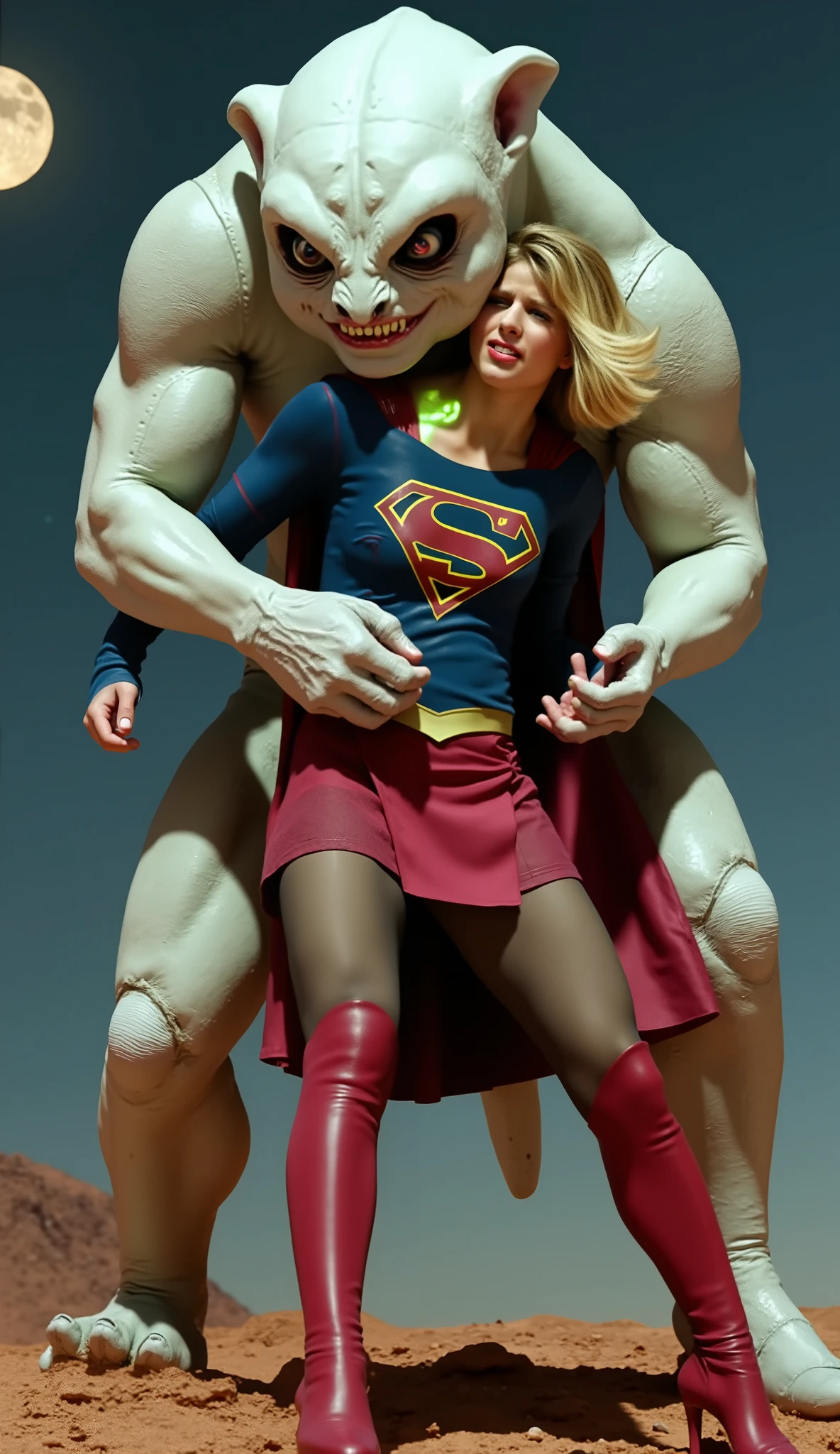 Supergirl is fighting with a big alien monster, very bright white skin, can see whole body, She is wearing a thin black pantyhose, short red leather fabric skirt, red knee height long boots, blonde hair, lighting green collar on her neck, She is screaming in pain, seriously injured, painful, a huge body fierce Alien Monster hold and carry Supergirl body, the Alien Monster seize her body tightly and bite her neck, photorealistic, hyper realistic, night time on the Mar with moon lighting,