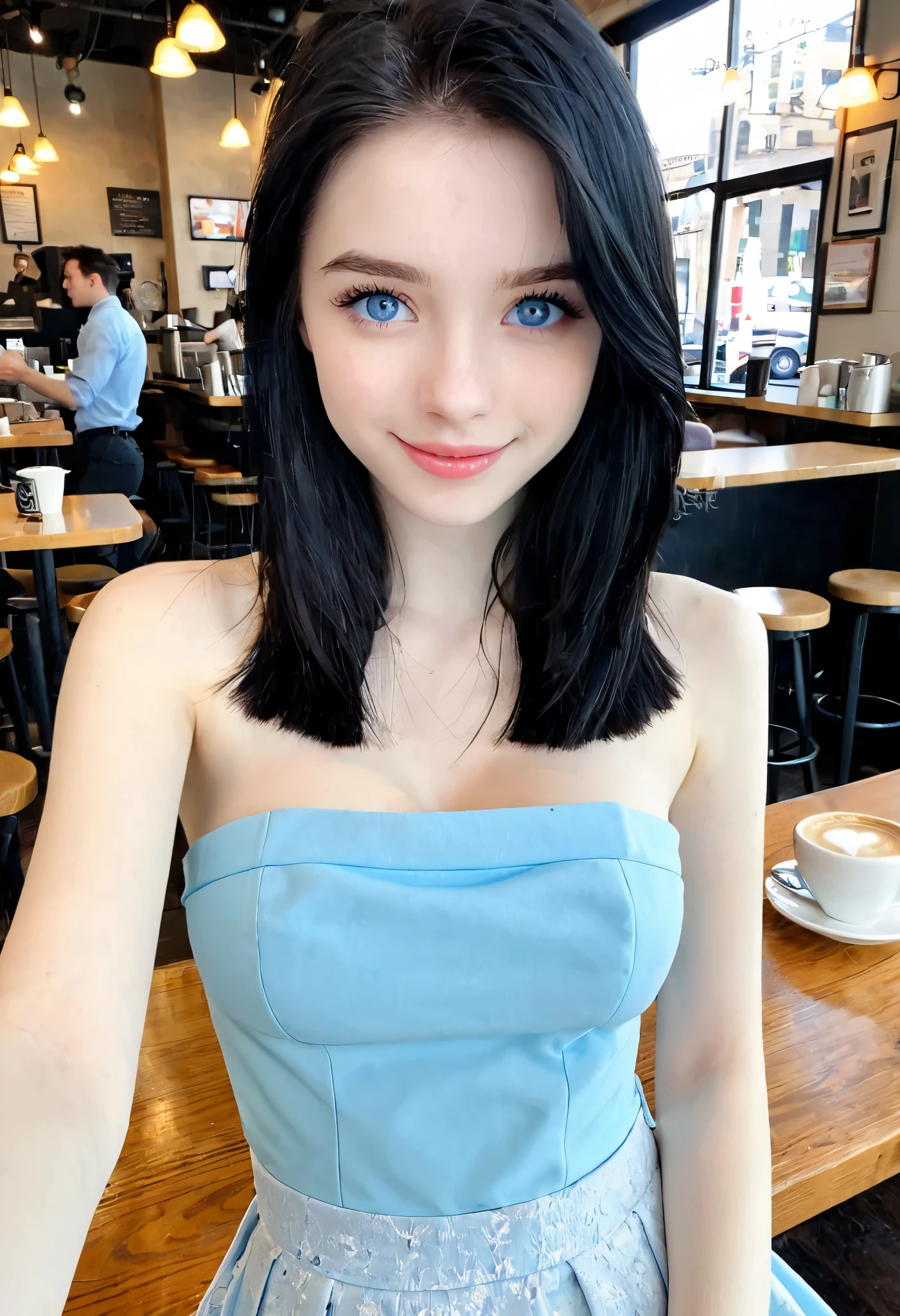 Pale young girl, Black hair , medium hair, light blue eyes,POV selfie ,((Medium breasts )),Light blue Elegant Sleeveless Strapless Blouse ,At the coffee shop,Smiling shyly