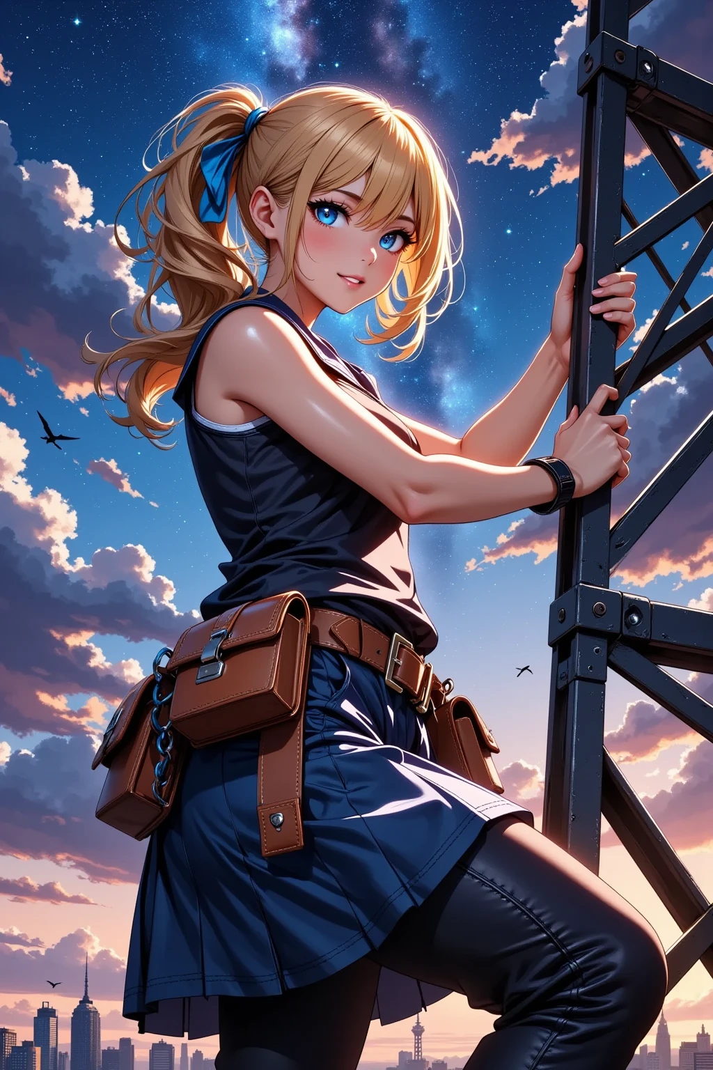  1 girl doing electrical work　,　I wear a lot of tools on my waist belt ,  tanned leather tool belt,   tank top  ,Steel tower top light replacement , climbs the steel tower,Lifeline ,Beautiful starry sky,Big city night view、Yellow Hair、 Regent Hair 