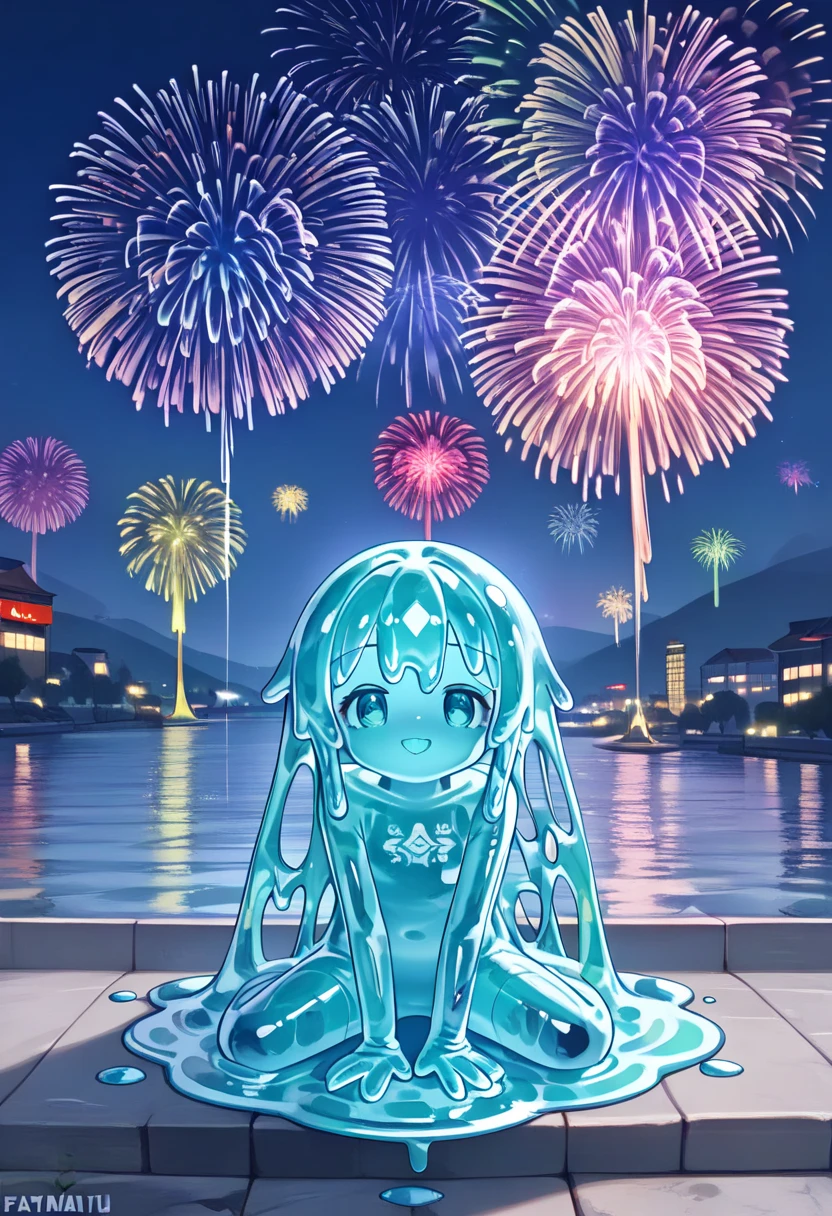 onyScores7, source_anime, hi res, masterpiece, best quality, highres, ((Fireworks Master)),Mainly composed of fireworks, Fireworks display beyond imagination, cheerful smile, never seen, (1 slime girl), (cute smile), (best impact:1.5), (maximalism:1.7), vivid contrast, High resolution, super detailed, absurd, (fractal art:1.3), random hairstyle, full body shot, accurate focus, random pose, cinema 4d, sitting and looking up at the fireworks, fireworks go off in the distance, naked, uncensored, puddle, goo, without foot, transparent slime, half body, melted, outsde cave (detailed skin:1.3), (detailed eyes), (sharp focus)