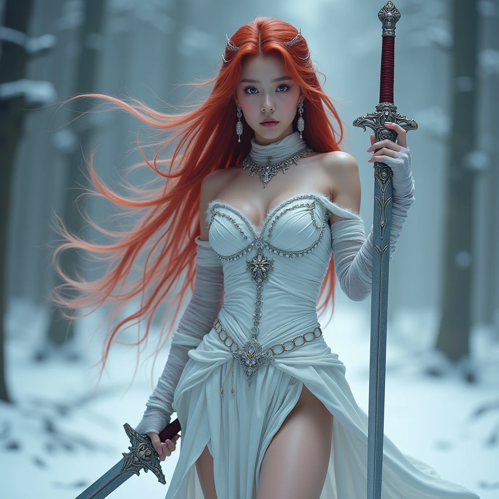 Arafed, action shot, Dark fantasy art, fantasy art, goth art, a picture of a female vampire, exquisite beauty, full body shot, dark glamour shot, pale white skin, red hair, long hair, wavy hair, dynamic eyes color eyes, (glowing eyes: 1.3), (vampire famgs: 1.5) she wears a ((white: 1.3)) white tight suit, Armored Dress, she holds a (glowing sword: 1.4) in hand, (ready for battle: 1.4) , (red roses: 1.3) are imprinted on the suit, high heels, dark castle, dark, black and color, Dark Art Painting Style, flower dress, dark novel, flower dress