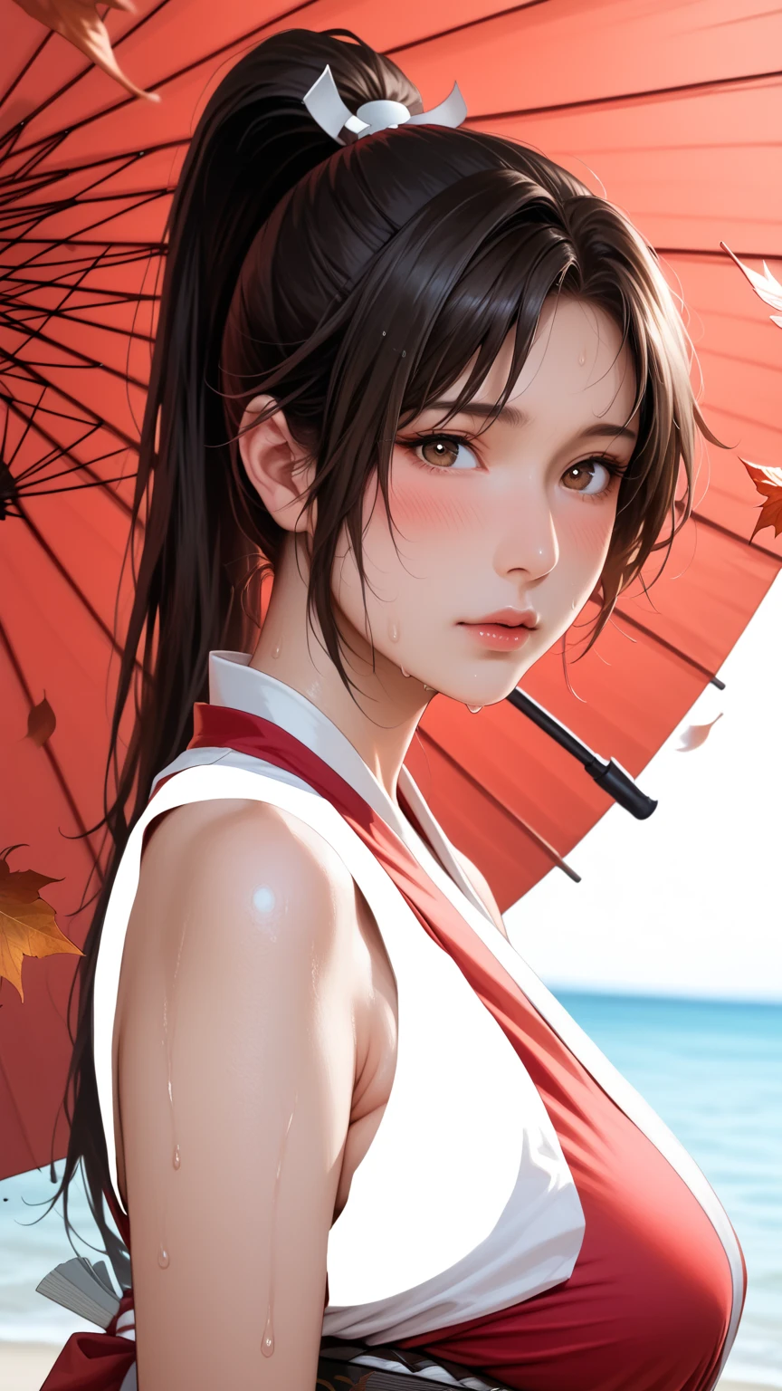 score_9,score_8_up,score_7_up,high res image,masterpiece,best quality,realistic,Mai Shiranui,(plump:1.7),(black pupil:1.2),(brown black hair:1.3),(High ponytail:1.3),(blush:1.3),(sweat:1.3),(from_side:1.3),(facing the camera:1.4),(umbrella:1.3),(cowboy_shot:1.3),(maple_leaf:1.2),(turn to look at the camera:1.3),(revealing japanese clothes, pelvic curtain:1.5),